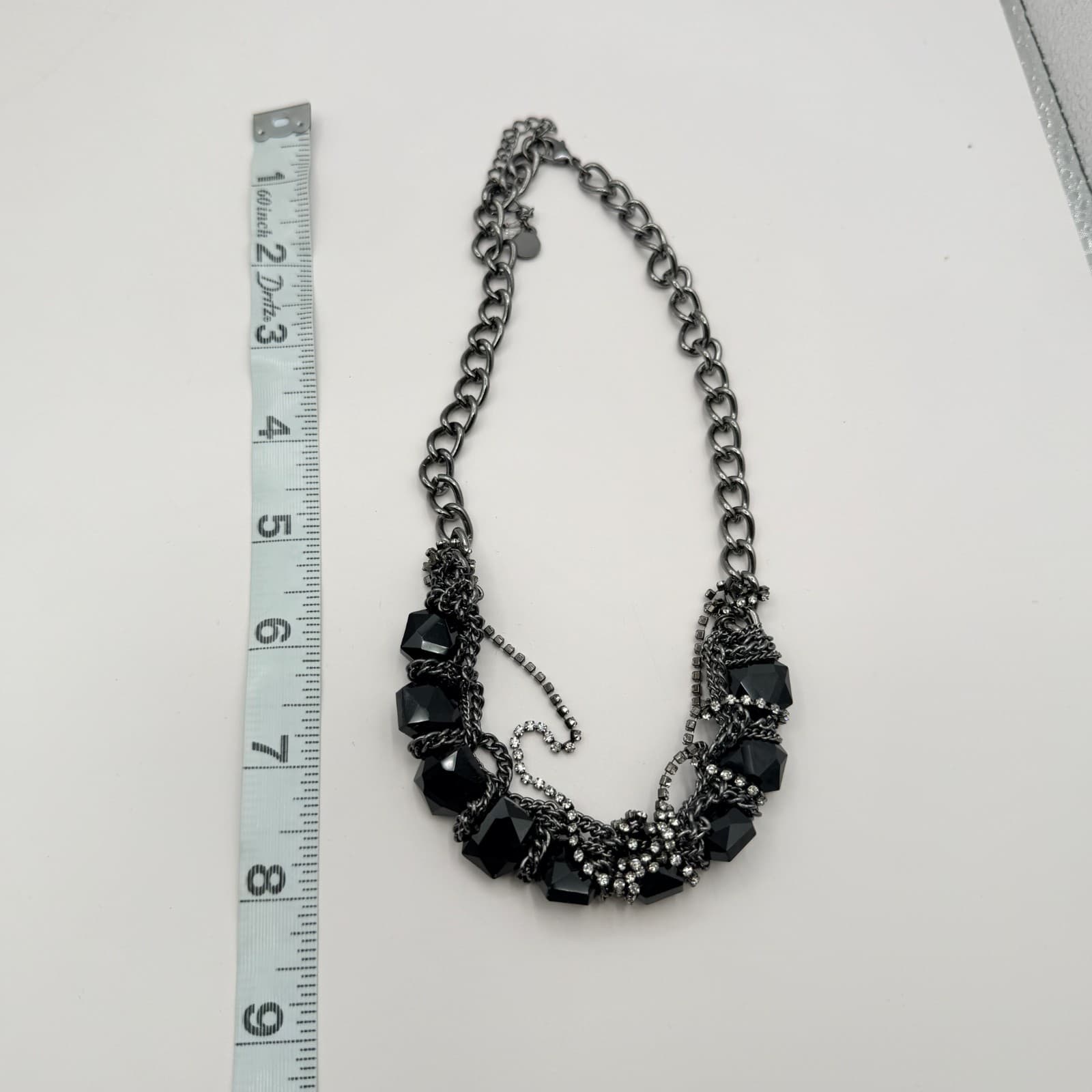 Vintage Gunmetal Tone Chunky Black Bead Choker Necklace Rhinestone Cluster Chain - Thumbnail 8