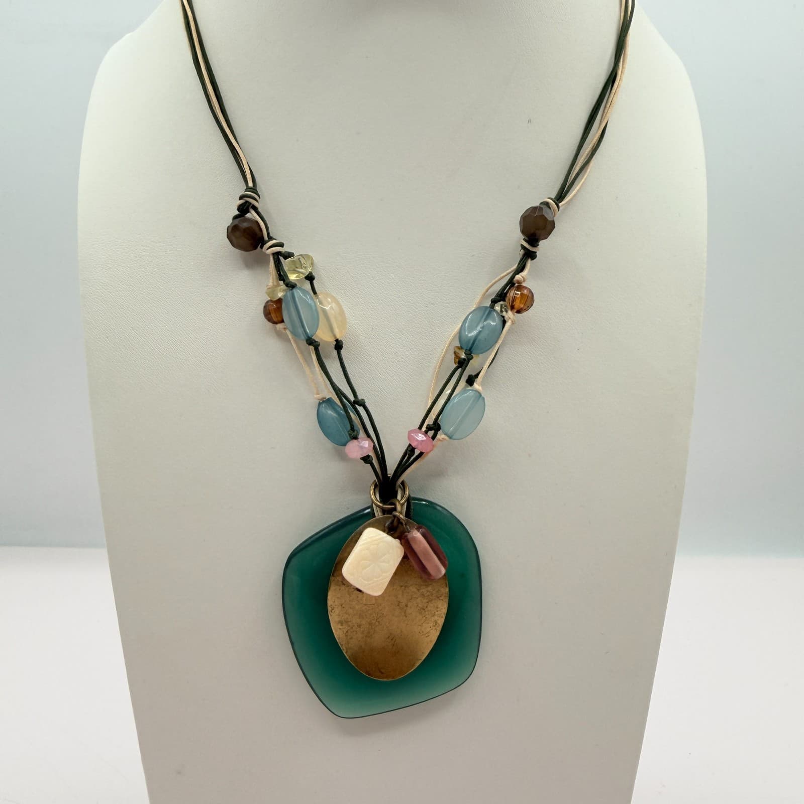 Vintage Gold Tone Seafoam Green Pendant Necklace Multi Strand Cord Beaded Boho - Thumbnail 2