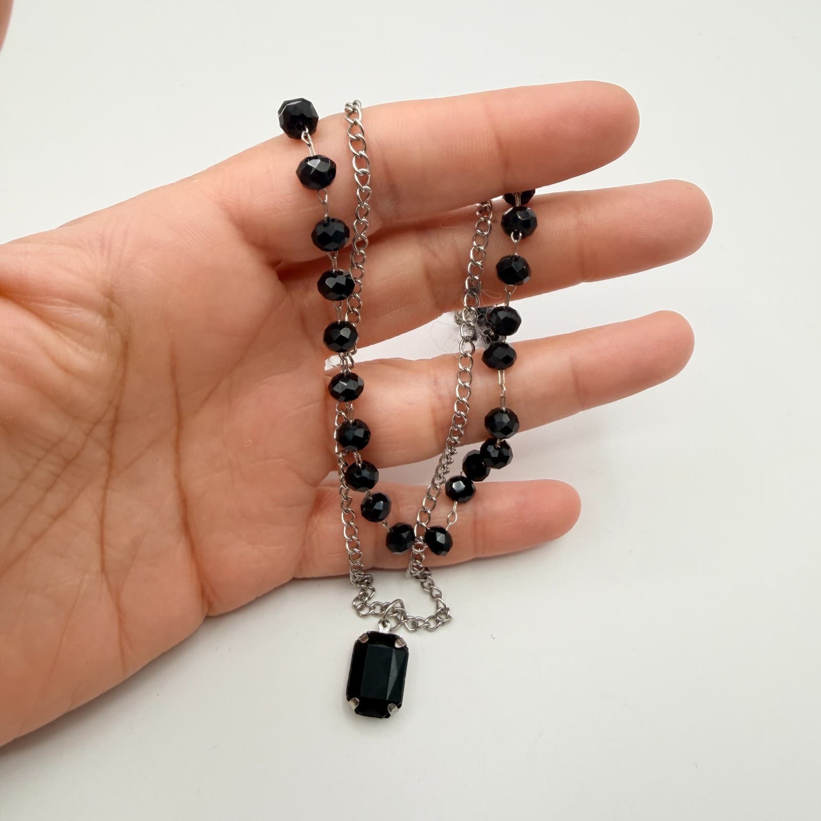 Vintage Silver Tone Black Beaded Layered Necklace Pendant Faceted Rhinestone 90s - Thumbnail 8