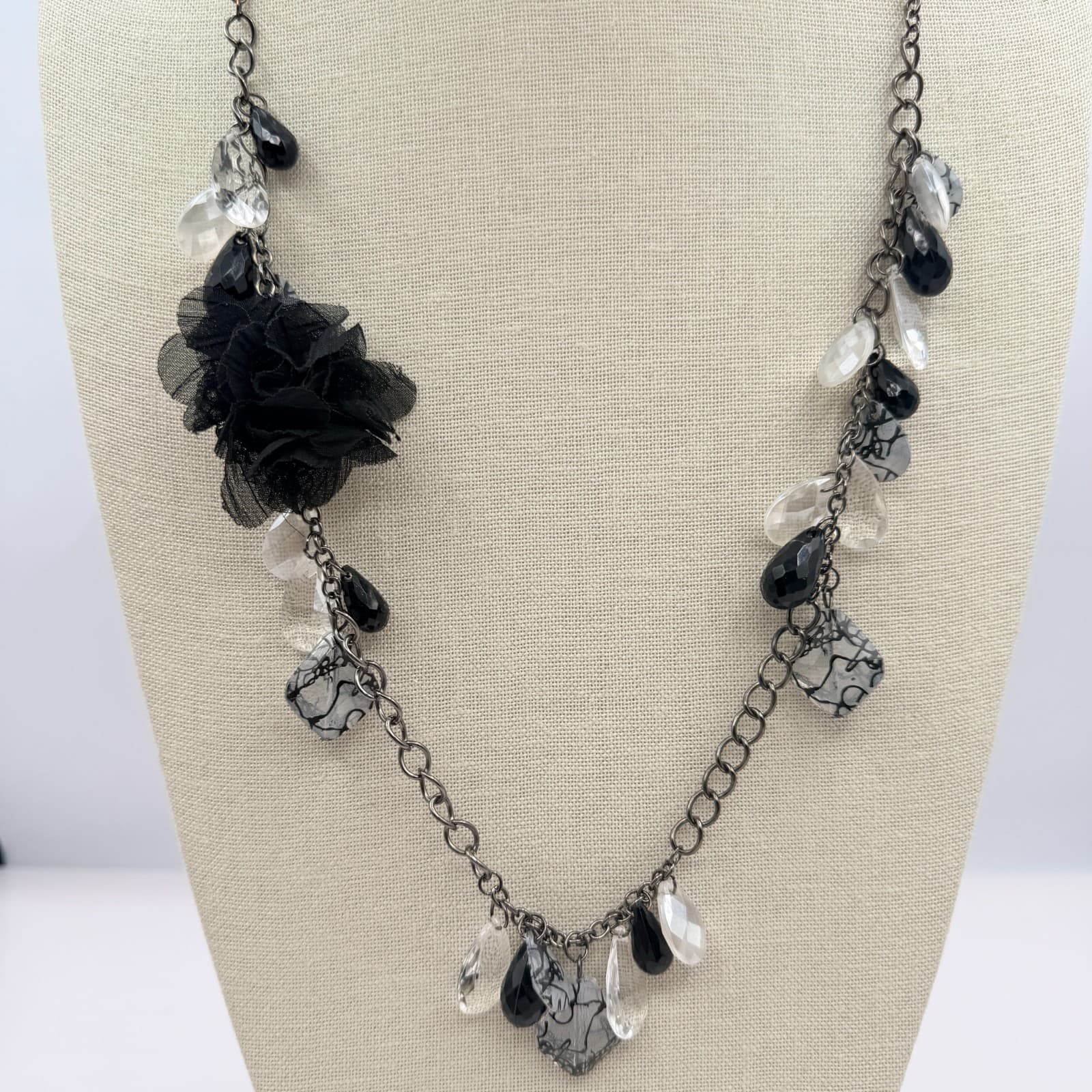 Vintage Gunmetal Tone Black Fabric Flower Necklace Beaded Clear Teardrop Boho - Thumbnail 2