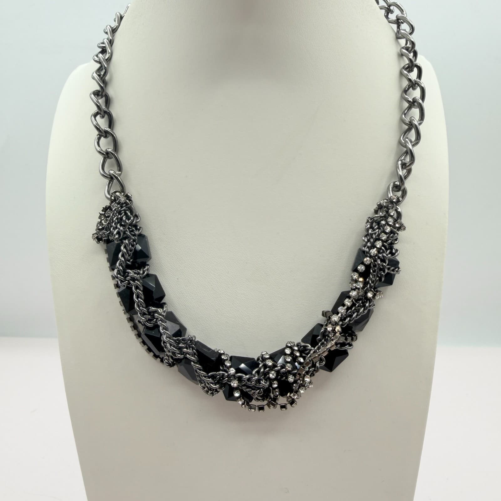 Vintage Gunmetal Tone Chunky Black Bead Choker Necklace Rhinestone Cluster Chain - Thumbnail 5