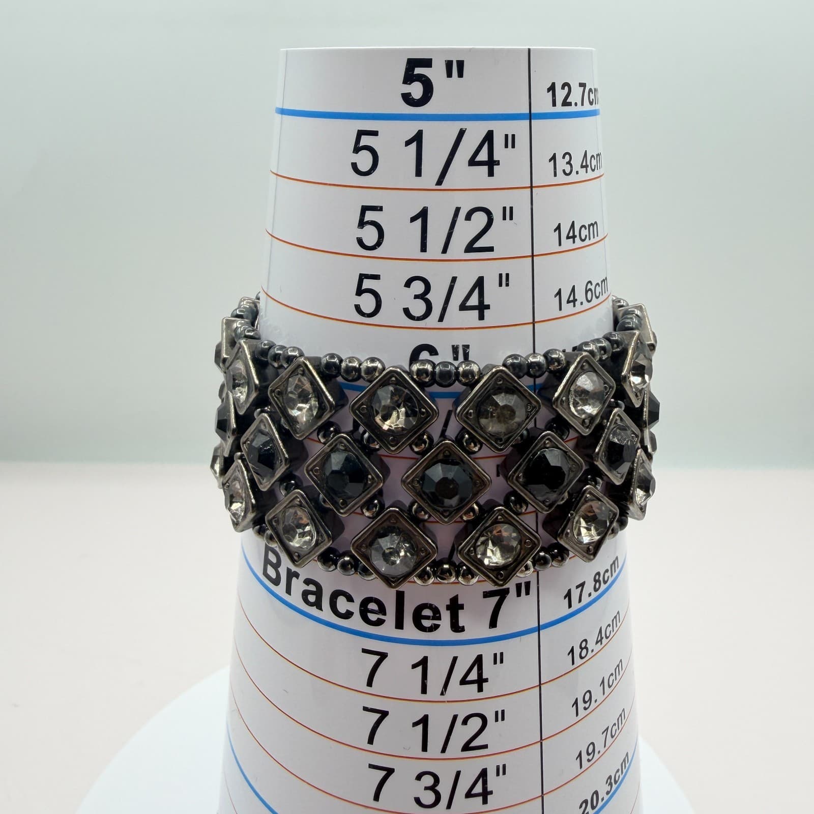 Vintage Gunmetal Tone Stretch Cuff Bracelet Black Rhinestone Clear Geometric 90s - Thumbnail 8
