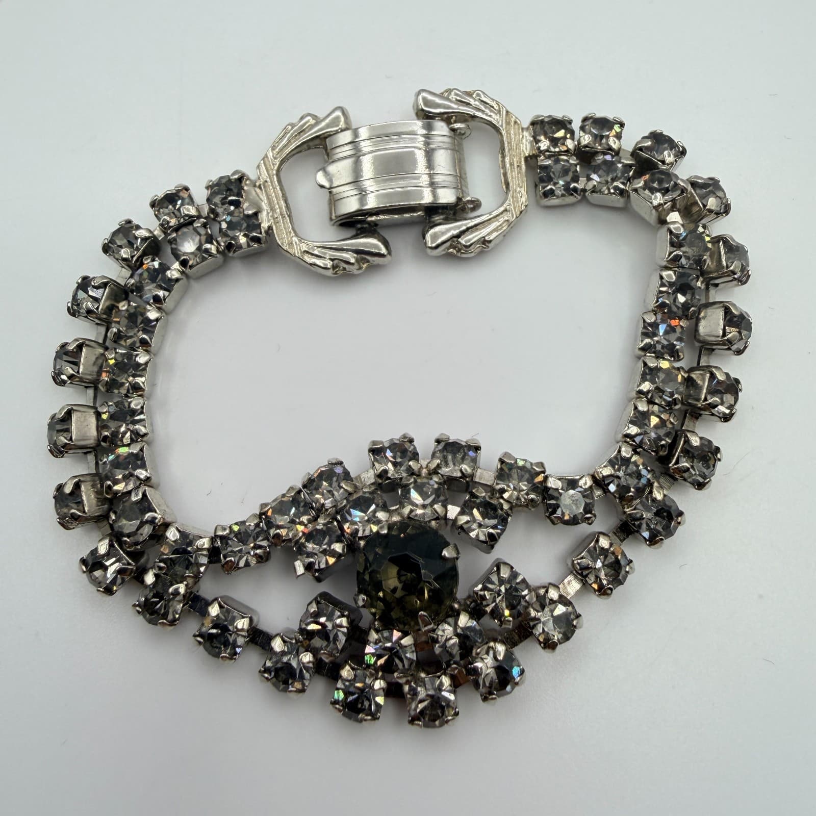 Vintage Silver Tone Rhinestone Bracelet Smoky Gray Multi Strand Cluster Retro - Thumbnail 5