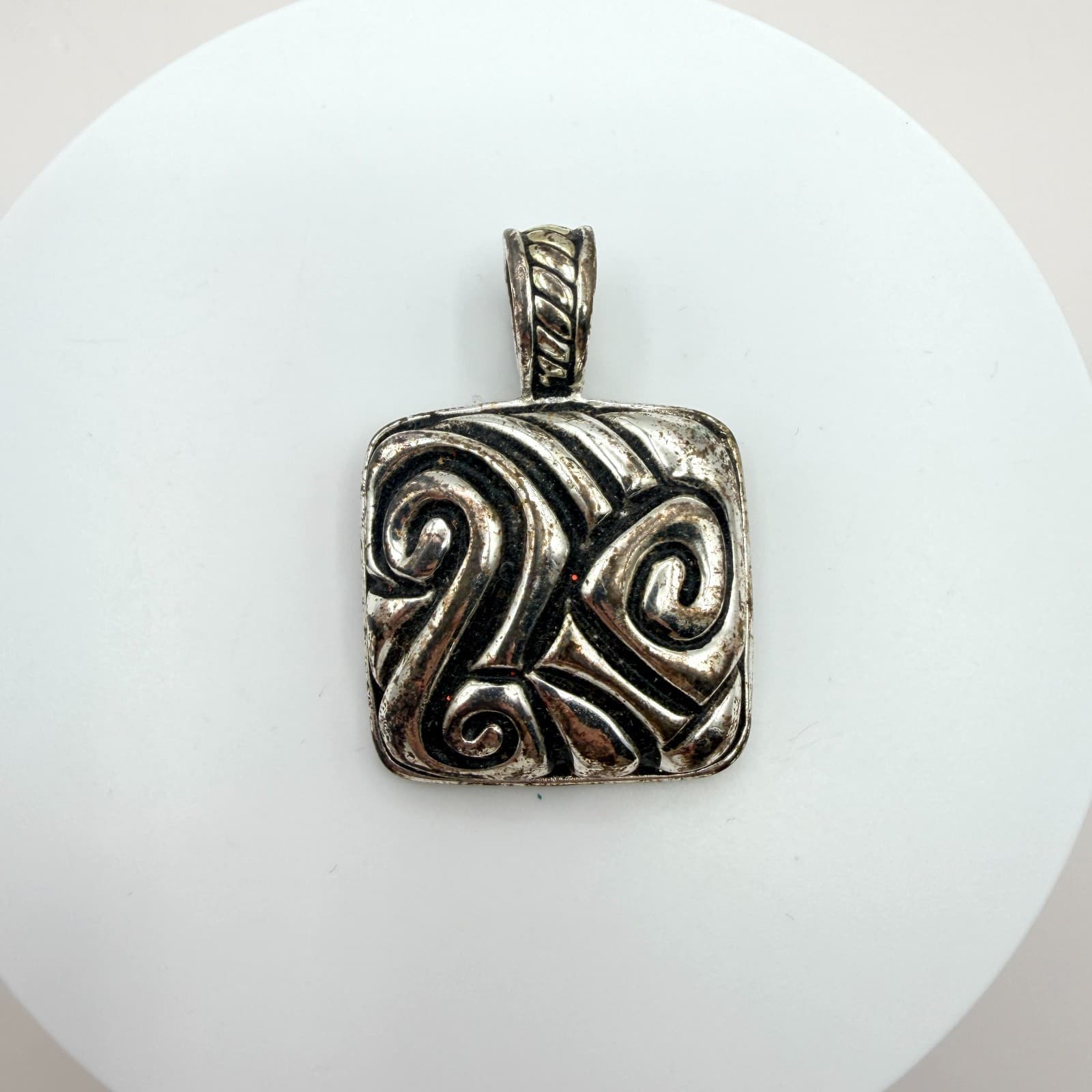 Vintage Silver Tone Scroll Square Pendant Abstract Swirl Geometric Tribal Boho - Thumbnail 2