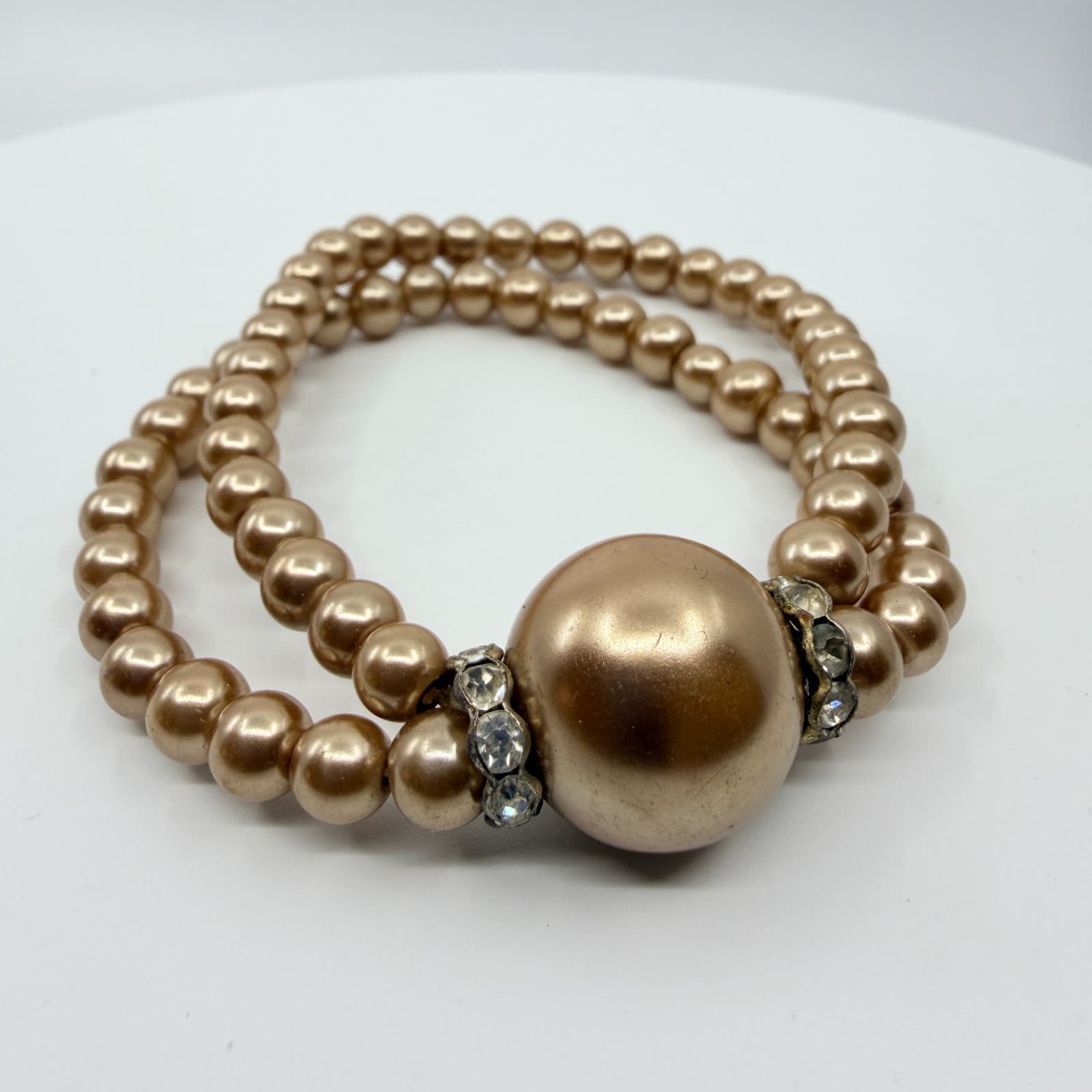 Vintage Champagne Faux Pearl Double Strand Stretch Bracelet Statement Rondelle - Thumbnail 2