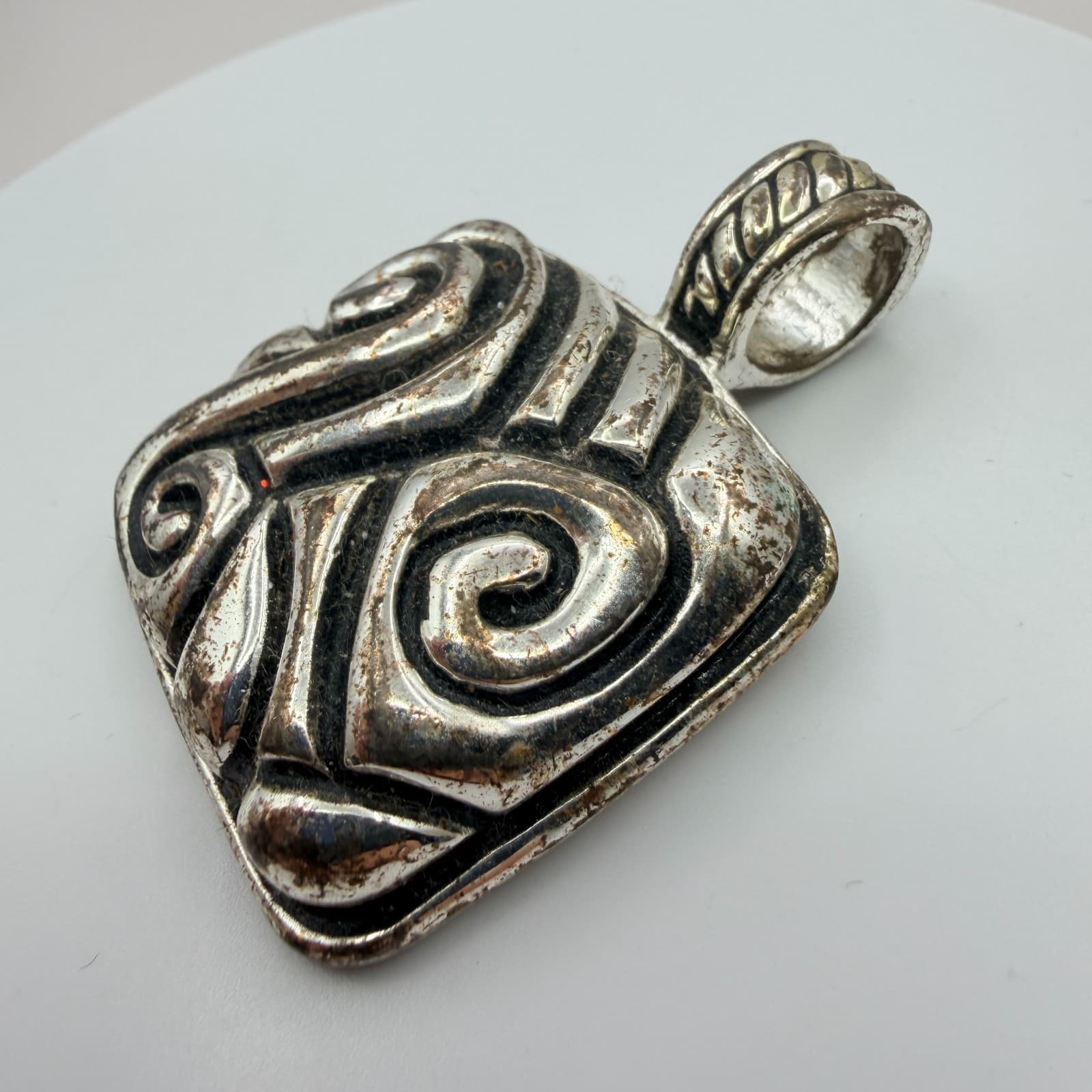 Vintage Silver Tone Scroll Square Pendant Abstract Swirl Geometric Tribal Boho - Thumbnail 4