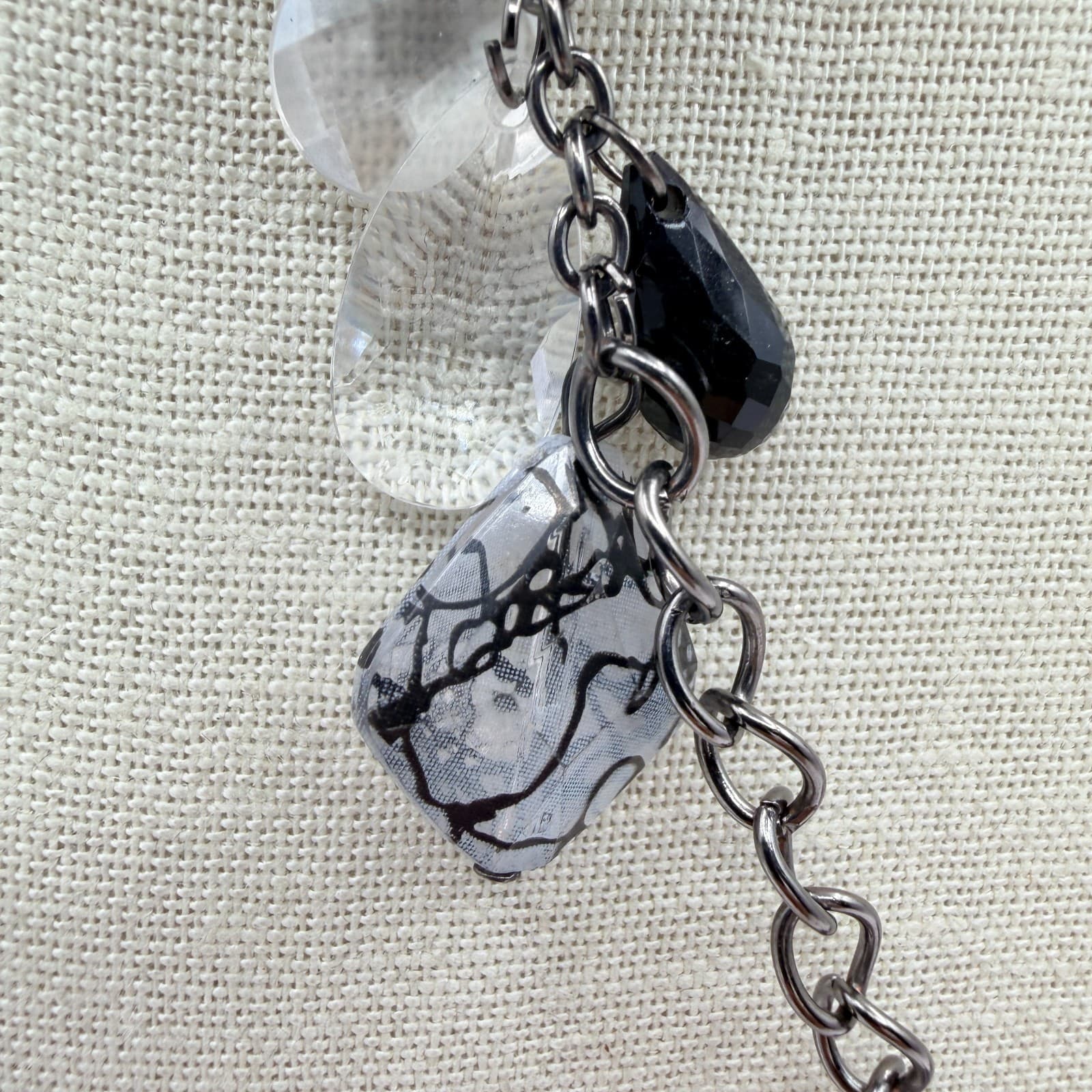 Vintage Gunmetal Tone Black Fabric Flower Necklace Beaded Clear Teardrop Boho - Thumbnail 5