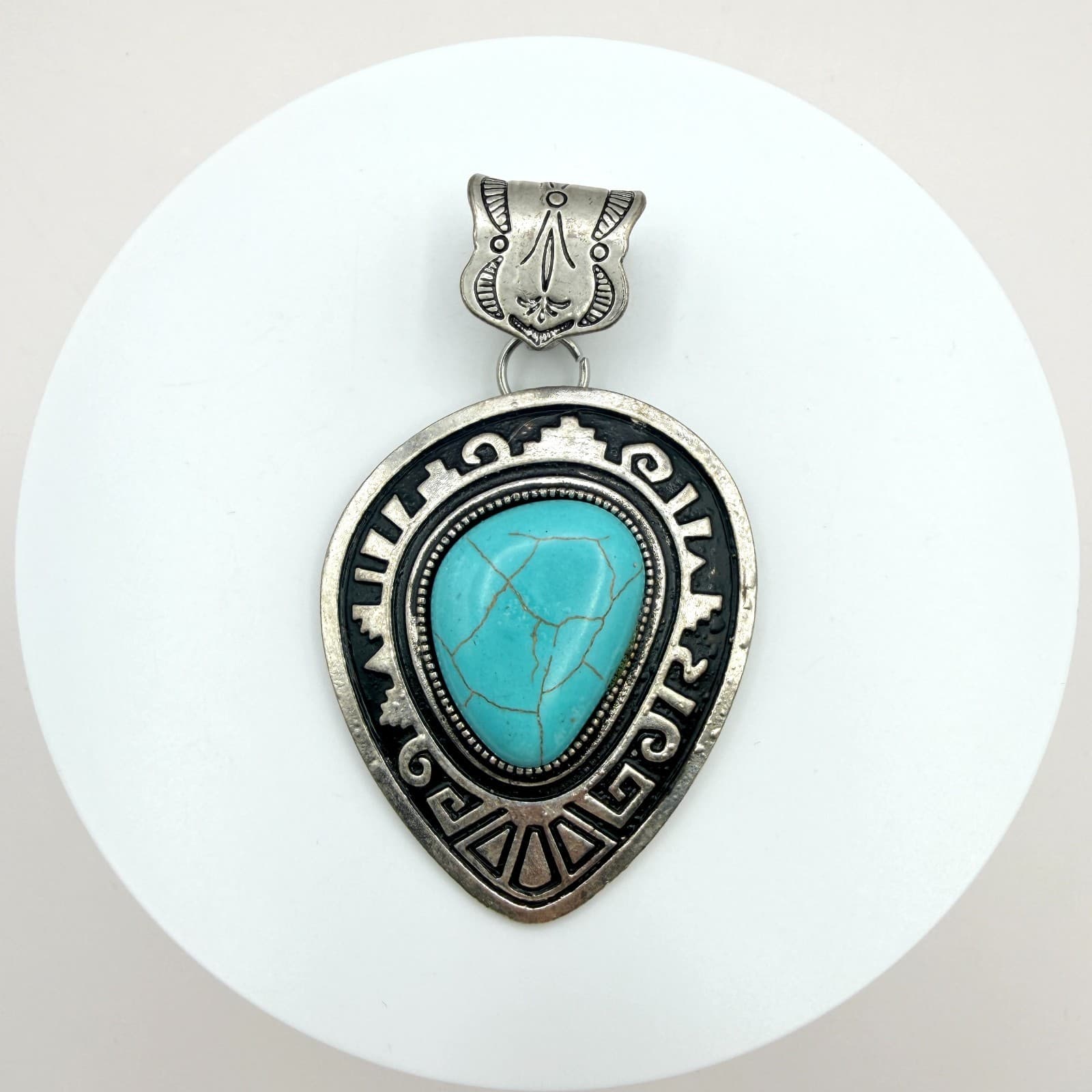Vintage Silver Tone Western Pendant Faux Turquoise Teardrop Aztec Southwestern