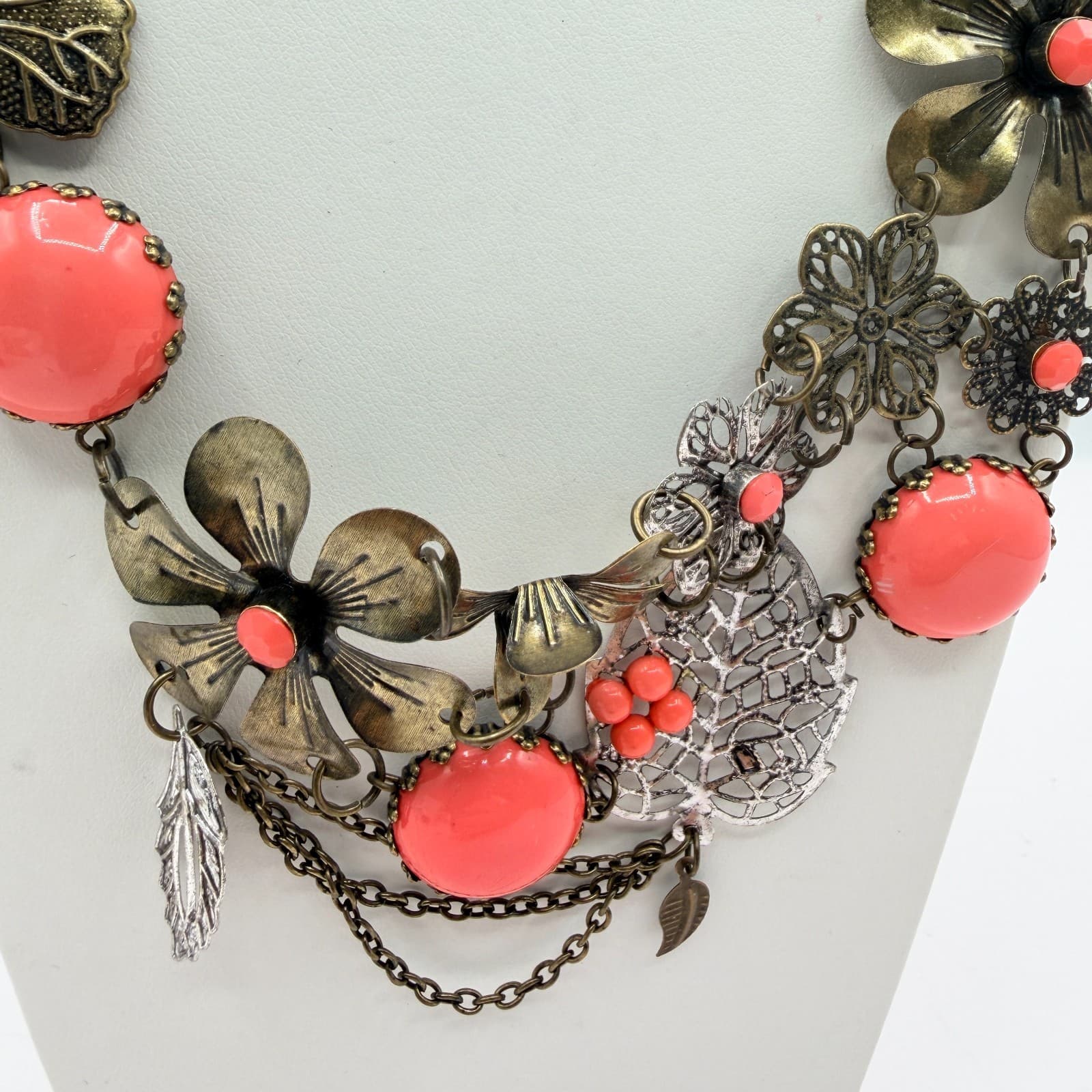 Vintage Bronze Tone Floral Bib Necklace Statement Orange Faux Coral Bead Boho - Thumbnail 5