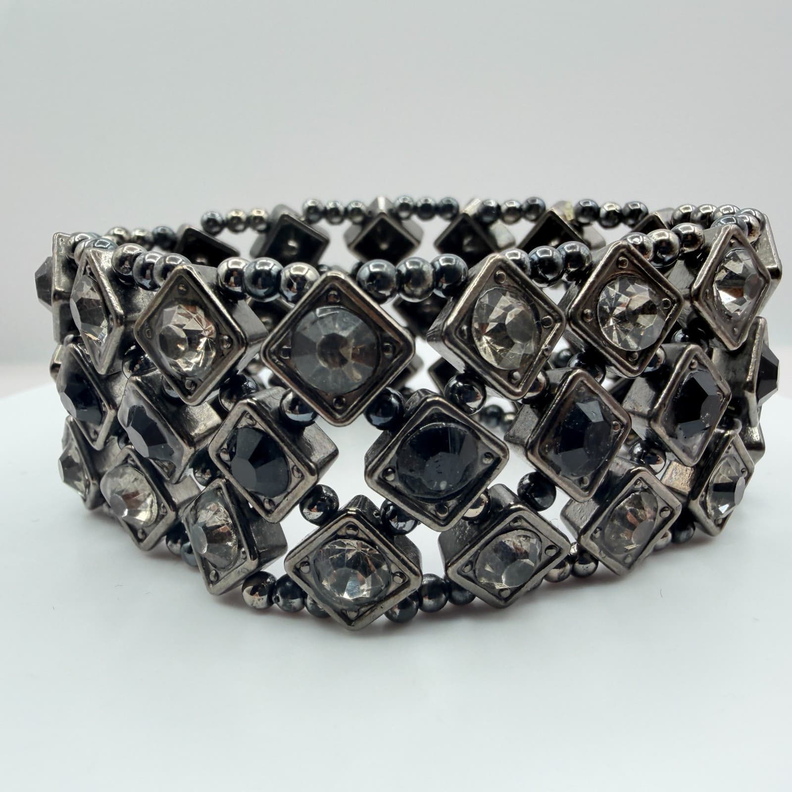 Vintage Gunmetal Tone Stretch Cuff Bracelet Black Rhinestone Clear Geometric 90s - Thumbnail 4