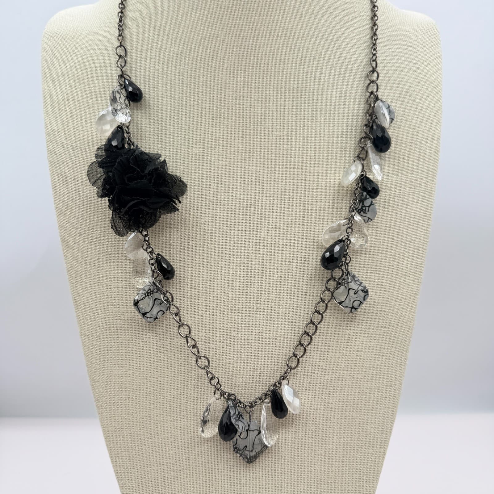 Vintage Gunmetal Tone Black Fabric Flower Necklace Beaded Clear Teardrop Boho - Thumbnail 3