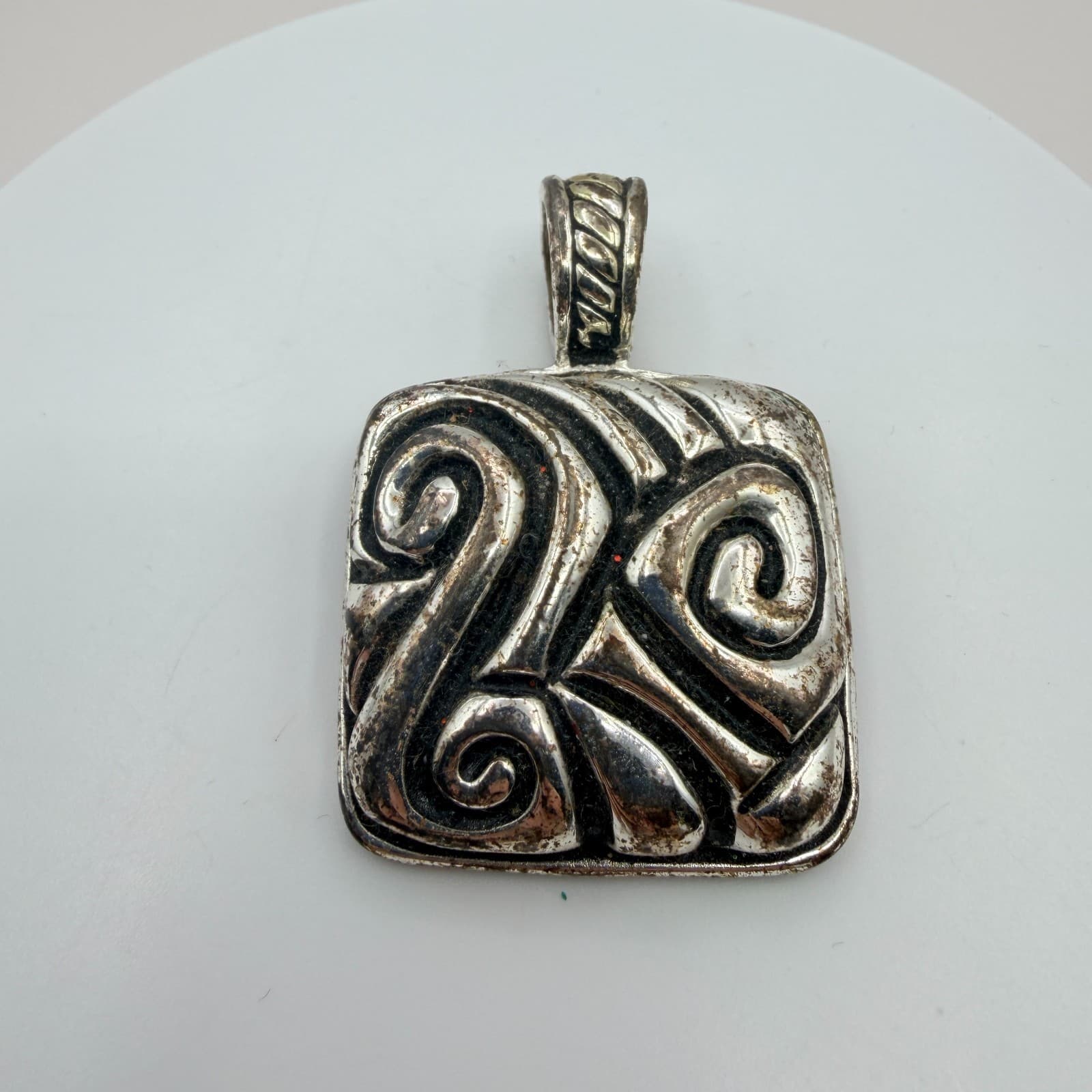 Vintage Silver Tone Scroll Square Pendant Abstract Swirl Geometric Tribal Boho