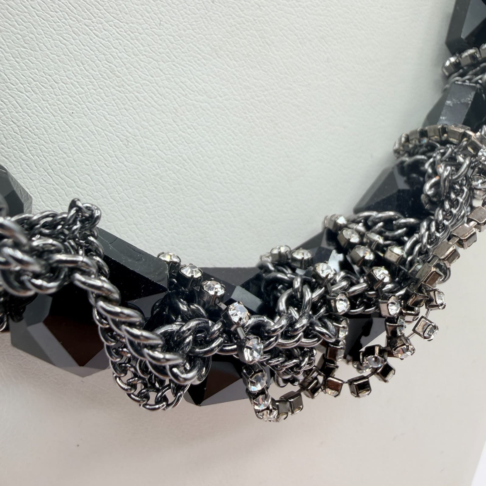 Vintage Gunmetal Tone Chunky Black Bead Choker Necklace Rhinestone Cluster Chain - Thumbnail 4