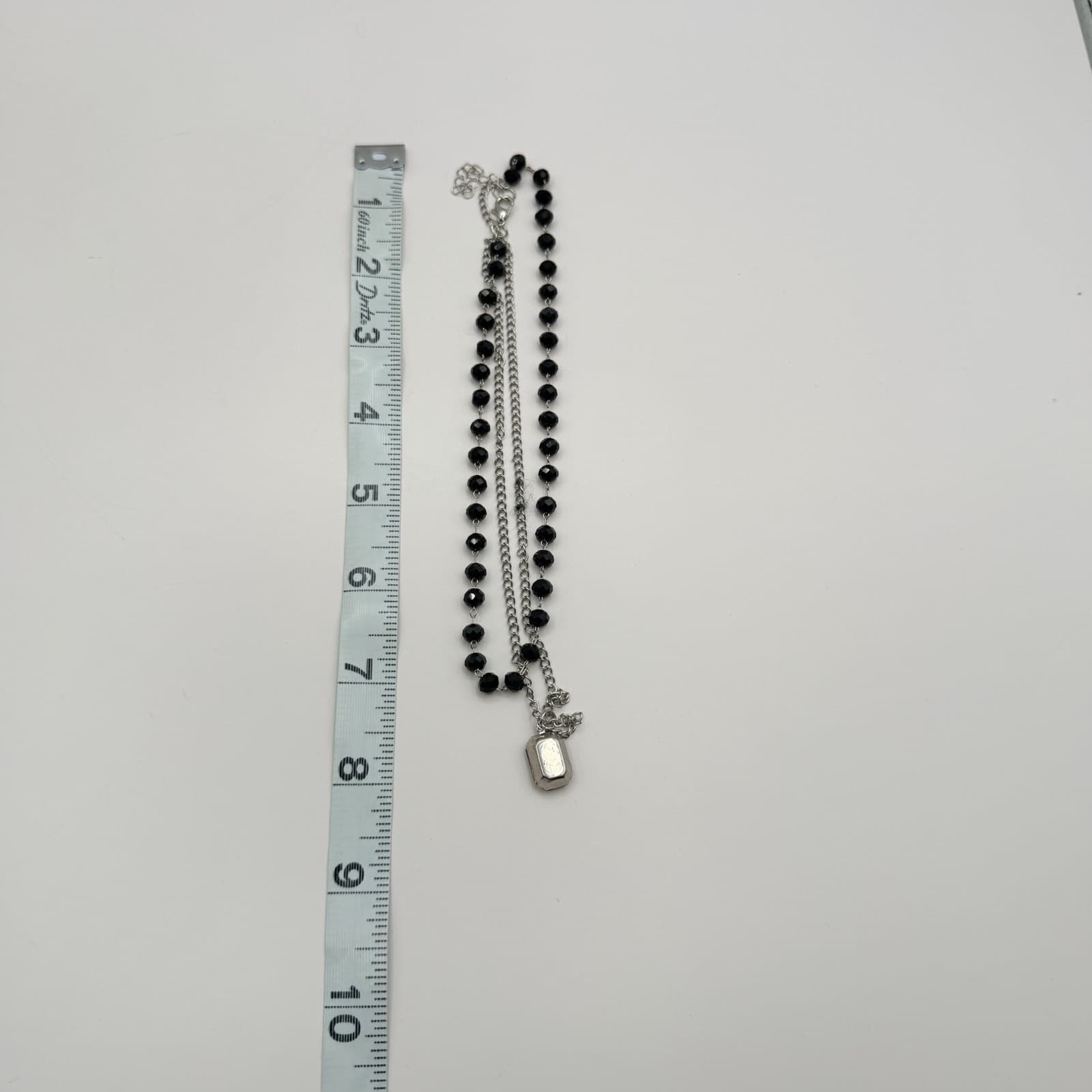 Vintage Silver Tone Black Beaded Layered Necklace Pendant Faceted Rhinestone 90s - Thumbnail 9