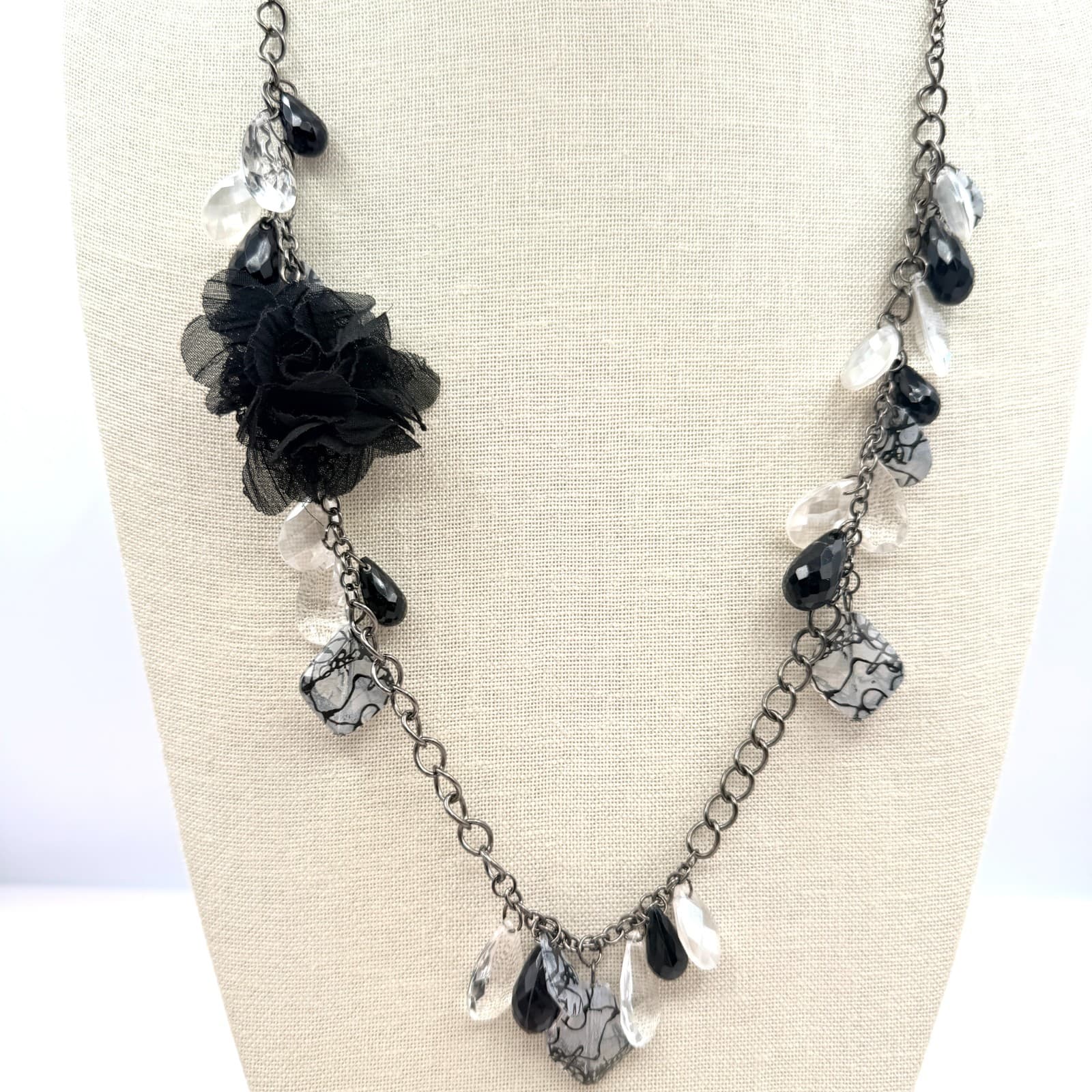 Vintage Gunmetal Tone Black Fabric Flower Necklace Beaded Clear Teardrop Boho
