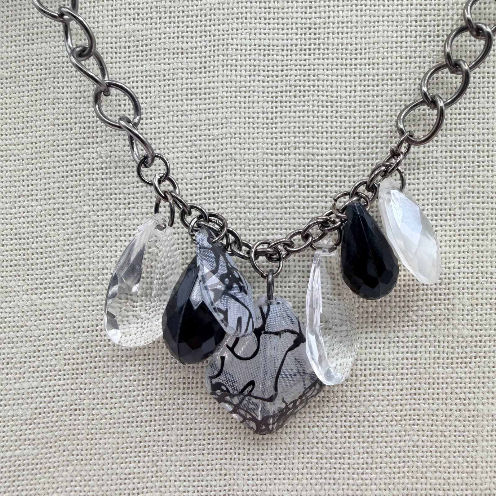 Vintage Gunmetal Tone Black Fabric Flower Necklace Beaded Clear Teardrop Boho - Thumbnail 6