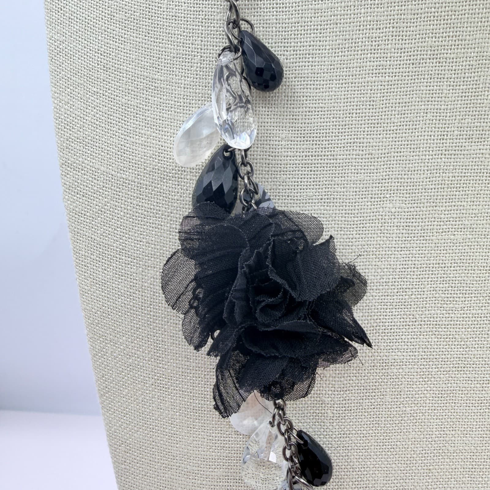 Vintage Gunmetal Tone Black Fabric Flower Necklace Beaded Clear Teardrop Boho - Thumbnail 4