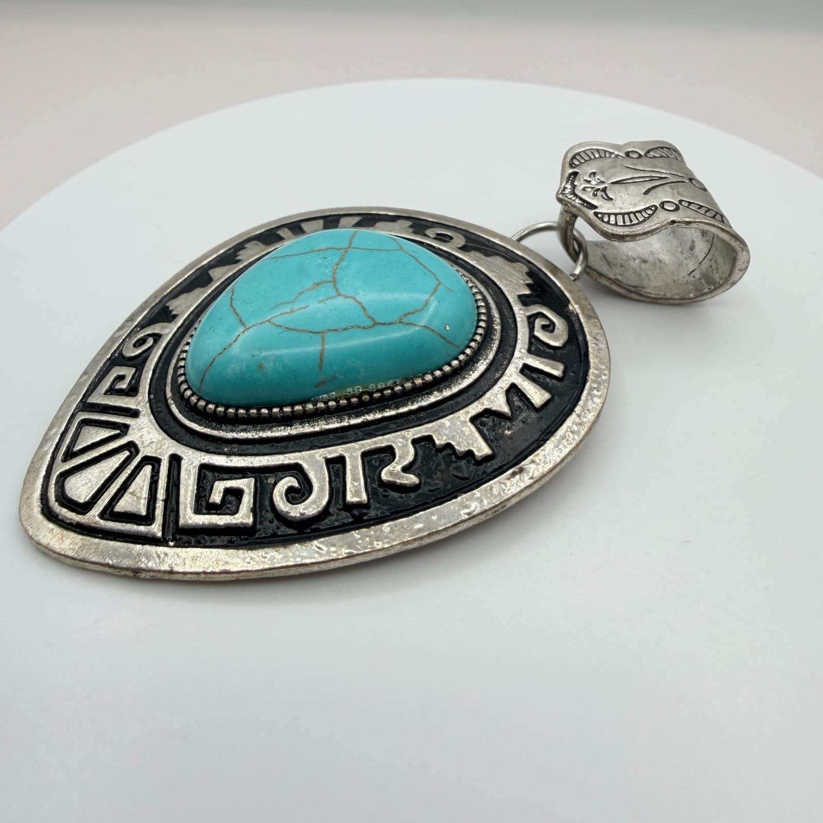 Vintage Silver Tone Western Pendant Faux Turquoise Teardrop Aztec Southwestern - Thumbnail 4