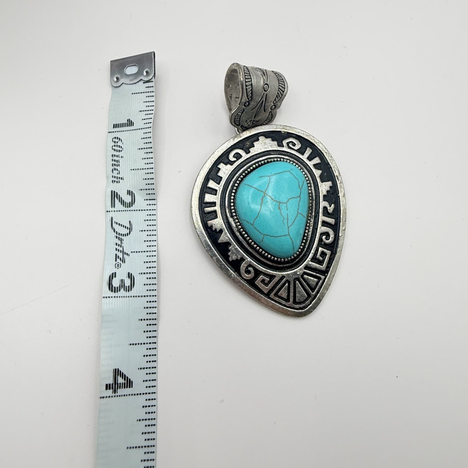 Vintage Silver Tone Western Pendant Faux Turquoise Teardrop Aztec Southwestern - Thumbnail 6