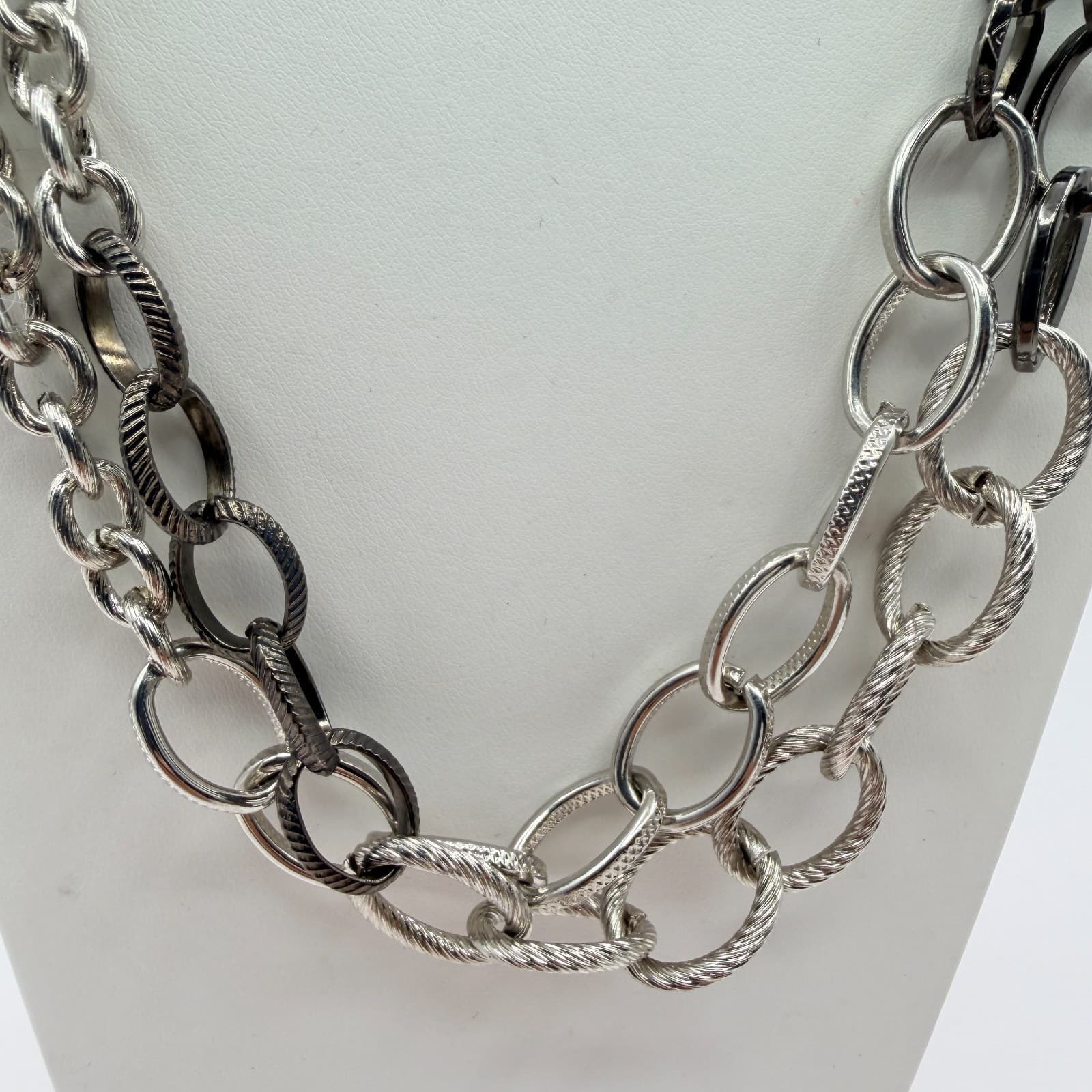 Vintage Silver Tone Two Tone Layered Multi Chain Necklace Textured Chunky Link - Thumbnail 6