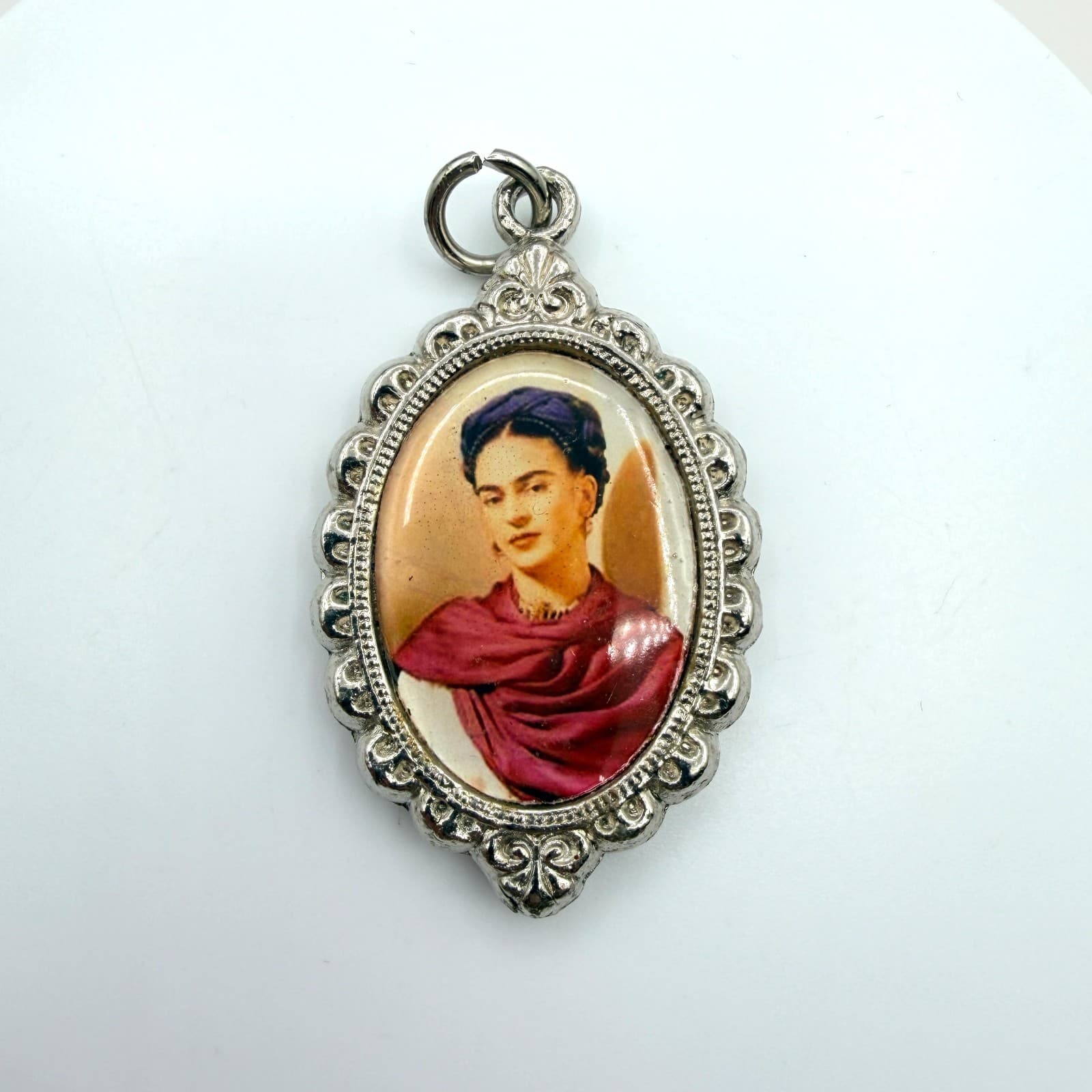 Vintage Silver Tone Frida Kahlo Portrait Pendant Ornate Frame Art Cameo Charm