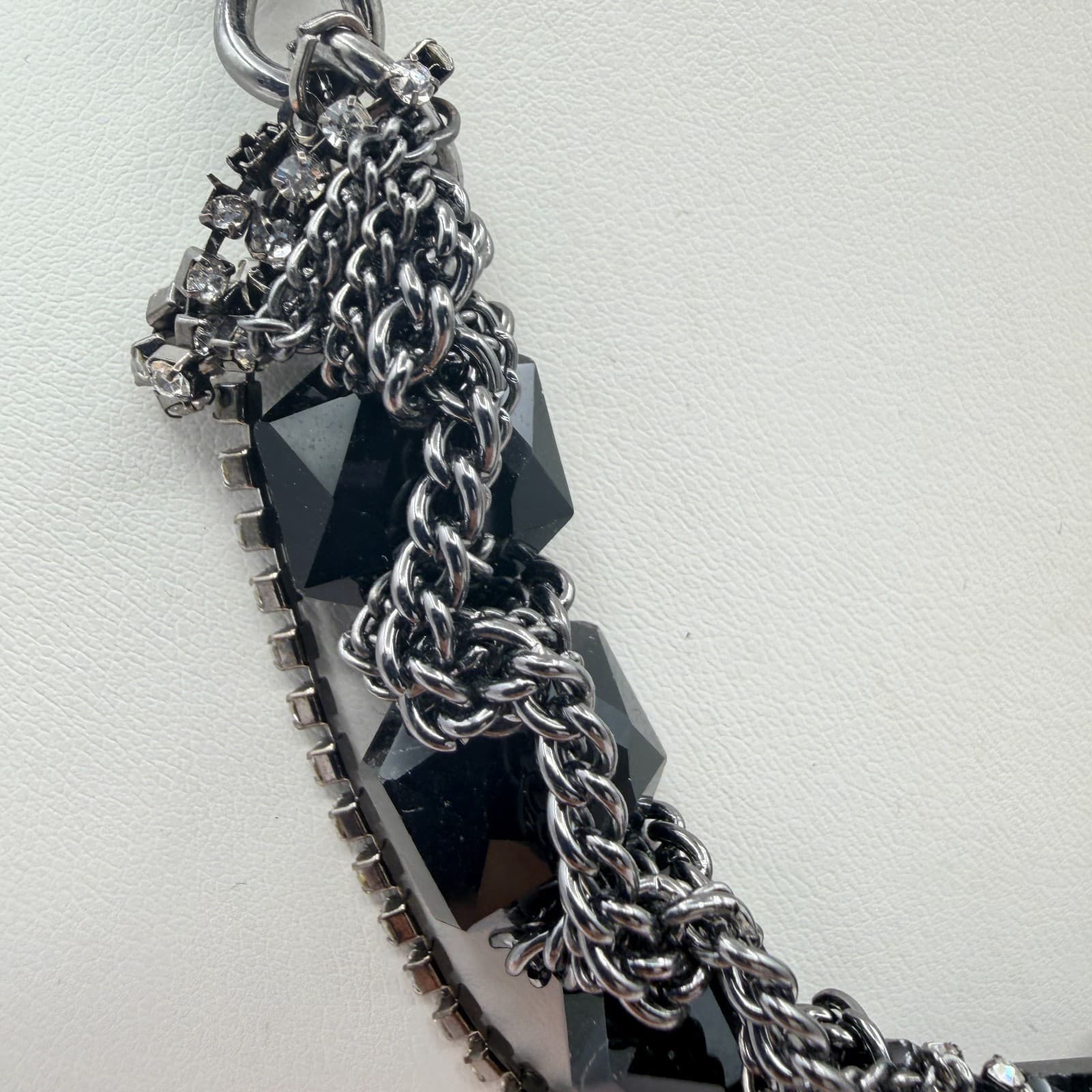 Vintage Gunmetal Tone Chunky Black Bead Choker Necklace Rhinestone Cluster Chain - Thumbnail 6