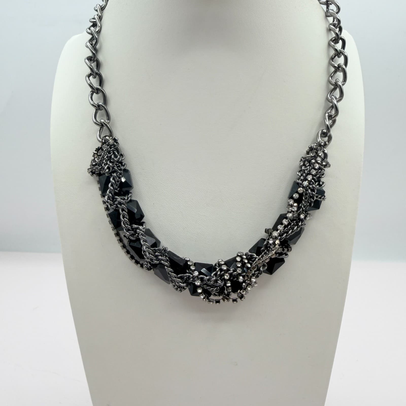 Vintage Gunmetal Tone Chunky Black Bead Choker Necklace Rhinestone Cluster Chain - Thumbnail 3