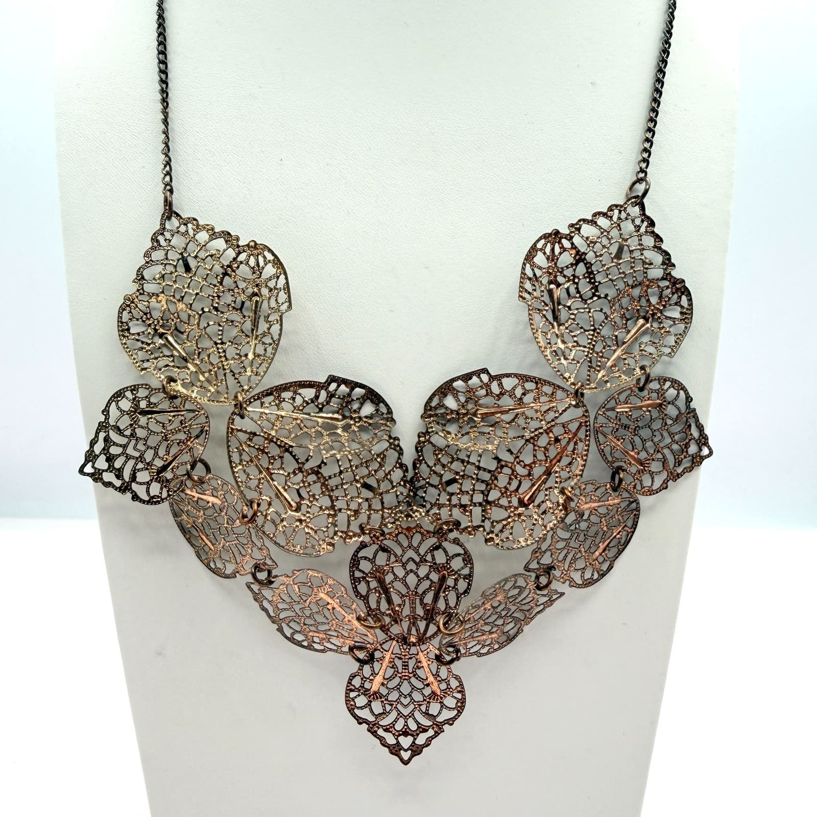 Vintage Bronze Tone Filigree Leaf Bib Necklace Statement Mesh Cutout Boho Retro