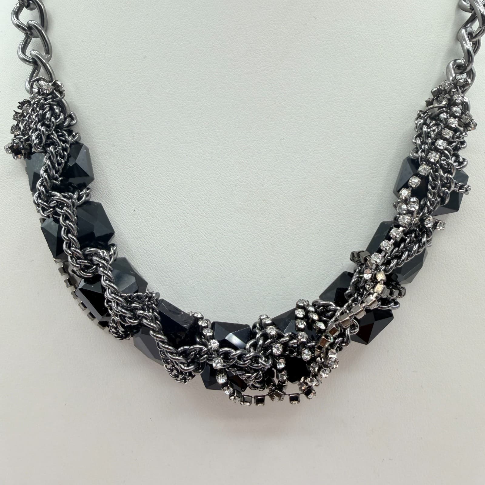 Vintage Gunmetal Tone Chunky Black Bead Choker Necklace Rhinestone Cluster Chain - Thumbnail 2