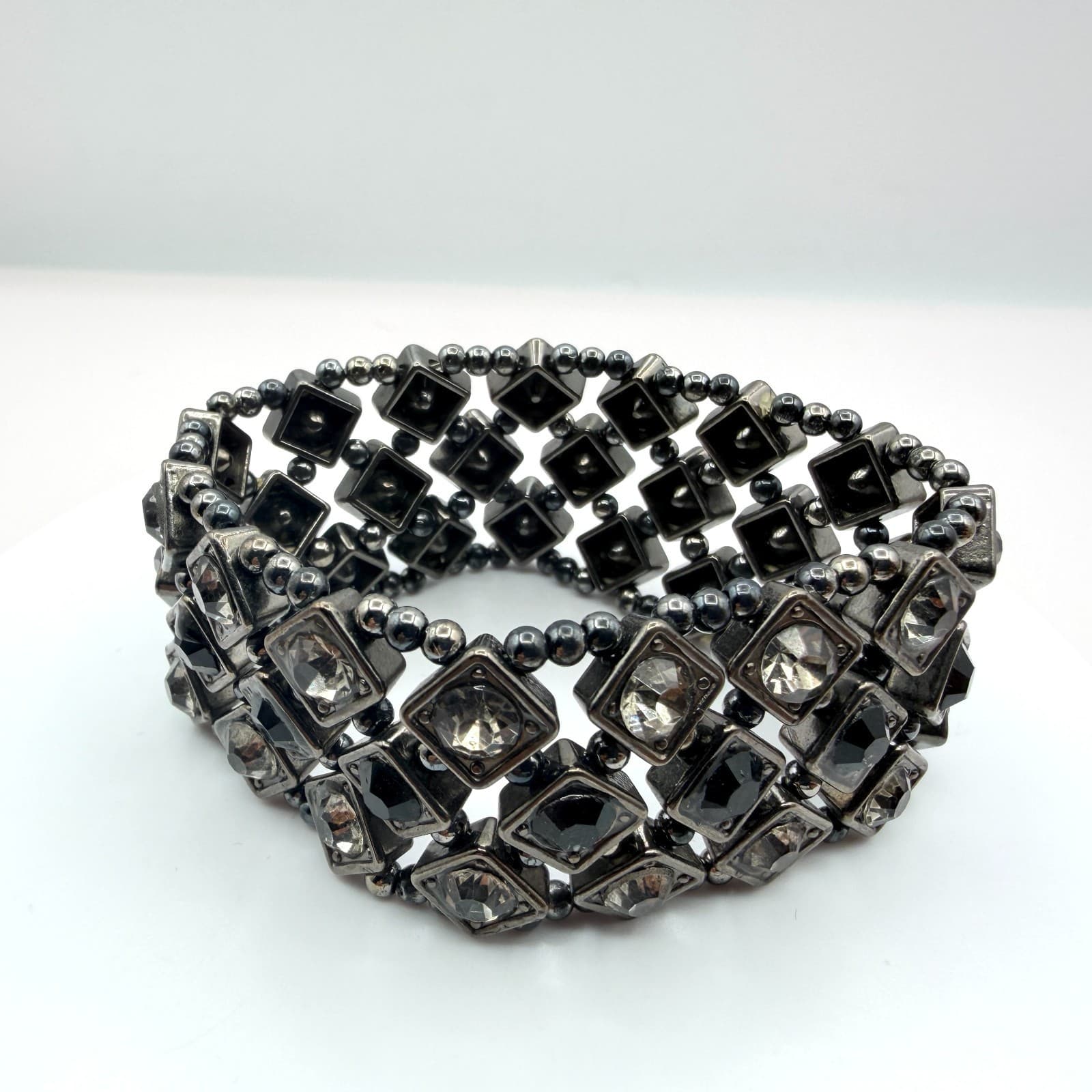 Vintage Gunmetal Tone Stretch Cuff Bracelet Black Rhinestone Clear Geometric 90s