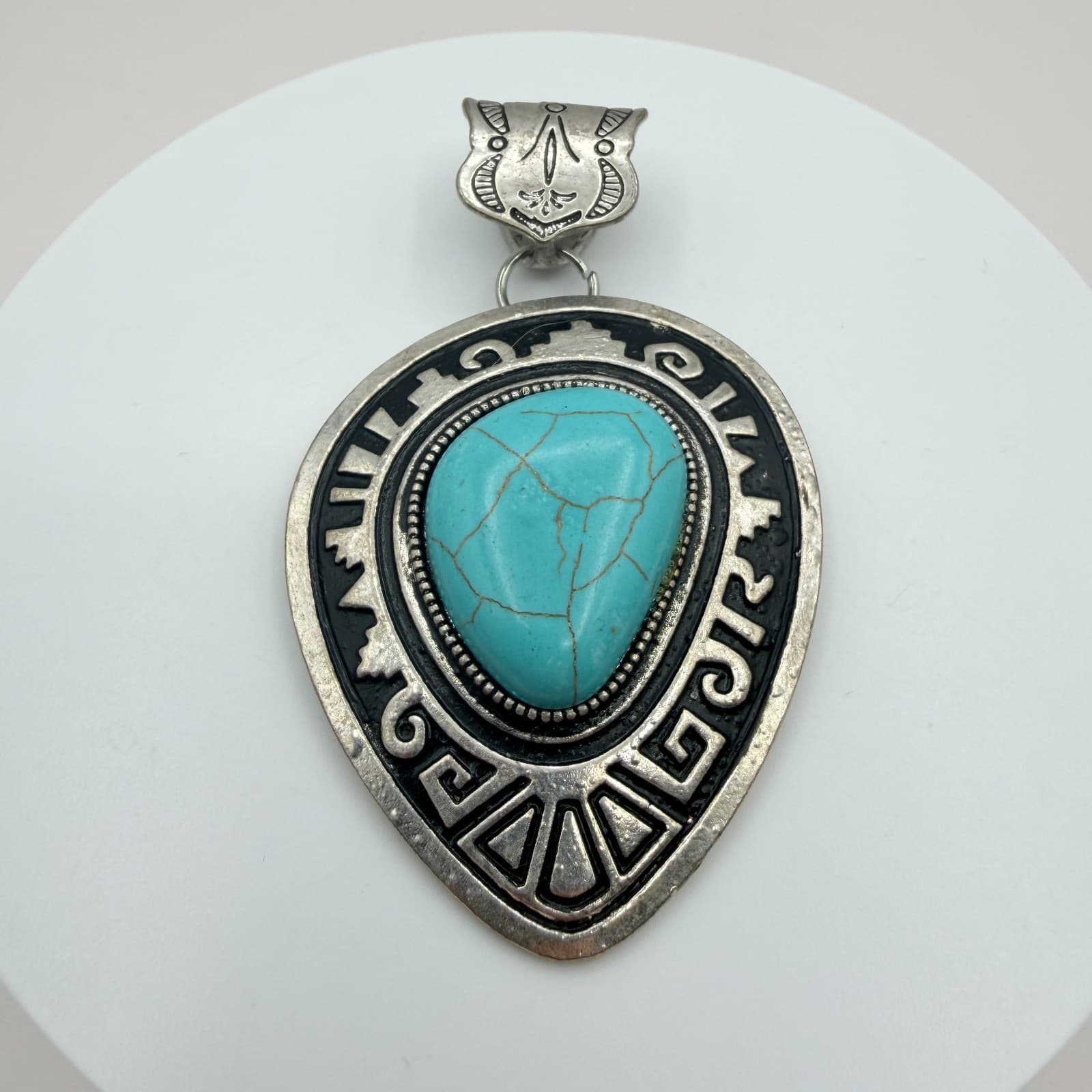 Vintage Silver Tone Western Pendant Faux Turquoise Teardrop Aztec Southwestern - Thumbnail 2