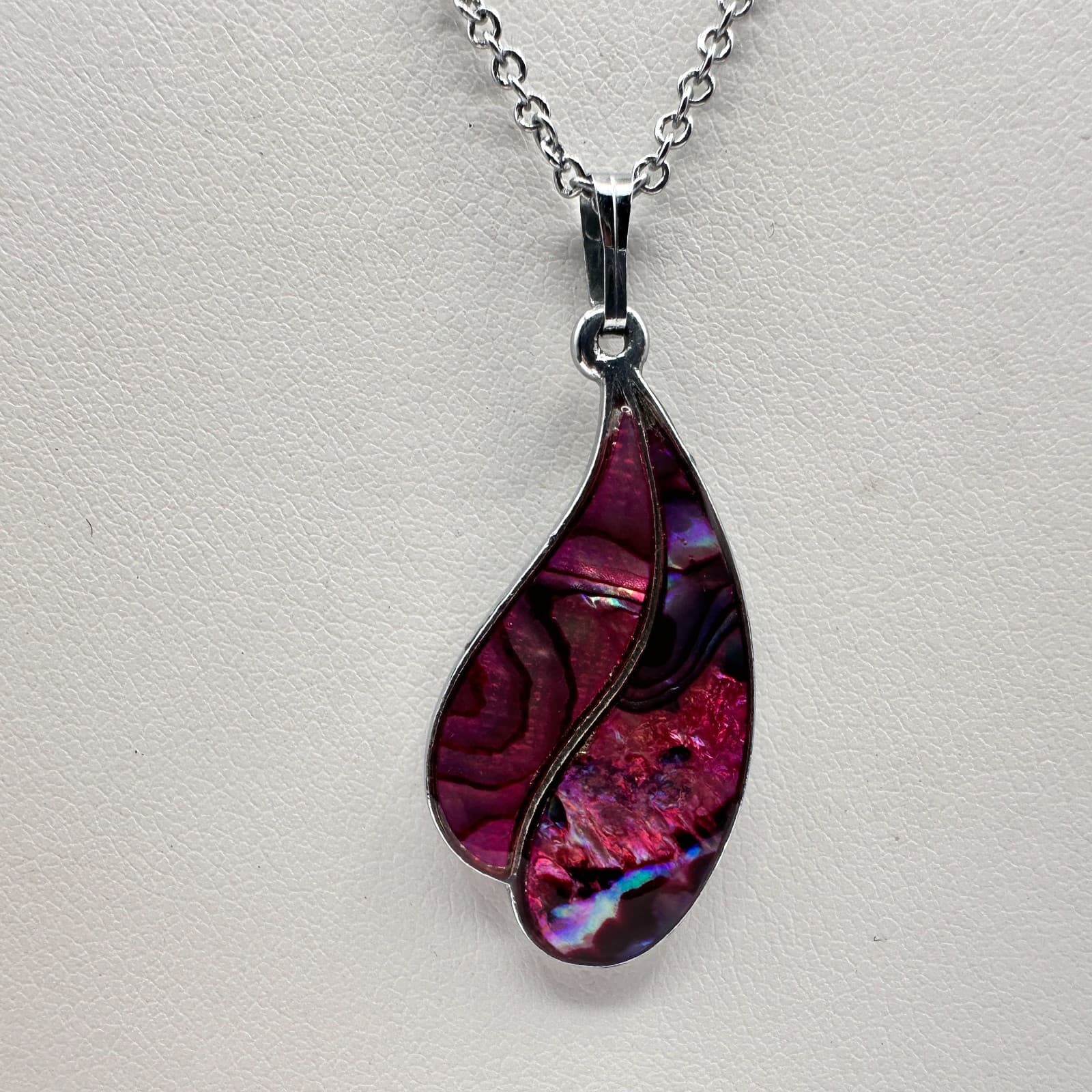 Vintage 90s Pink Abalone Shell Teardrop Pendant Necklace Silver Tone Jewelry - Thumbnail 3