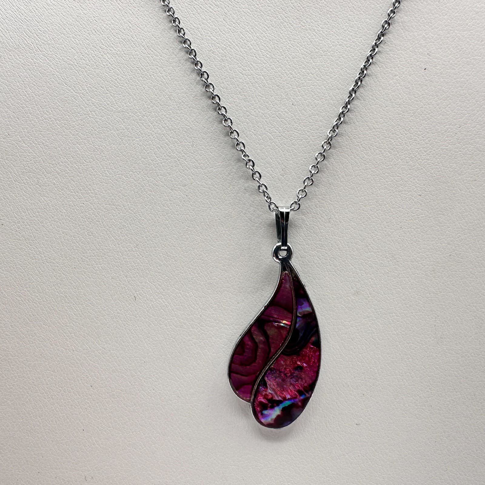 Vintage 90s Pink Abalone Shell Teardrop Pendant Necklace Silver Tone Jewelry - Thumbnail 8
