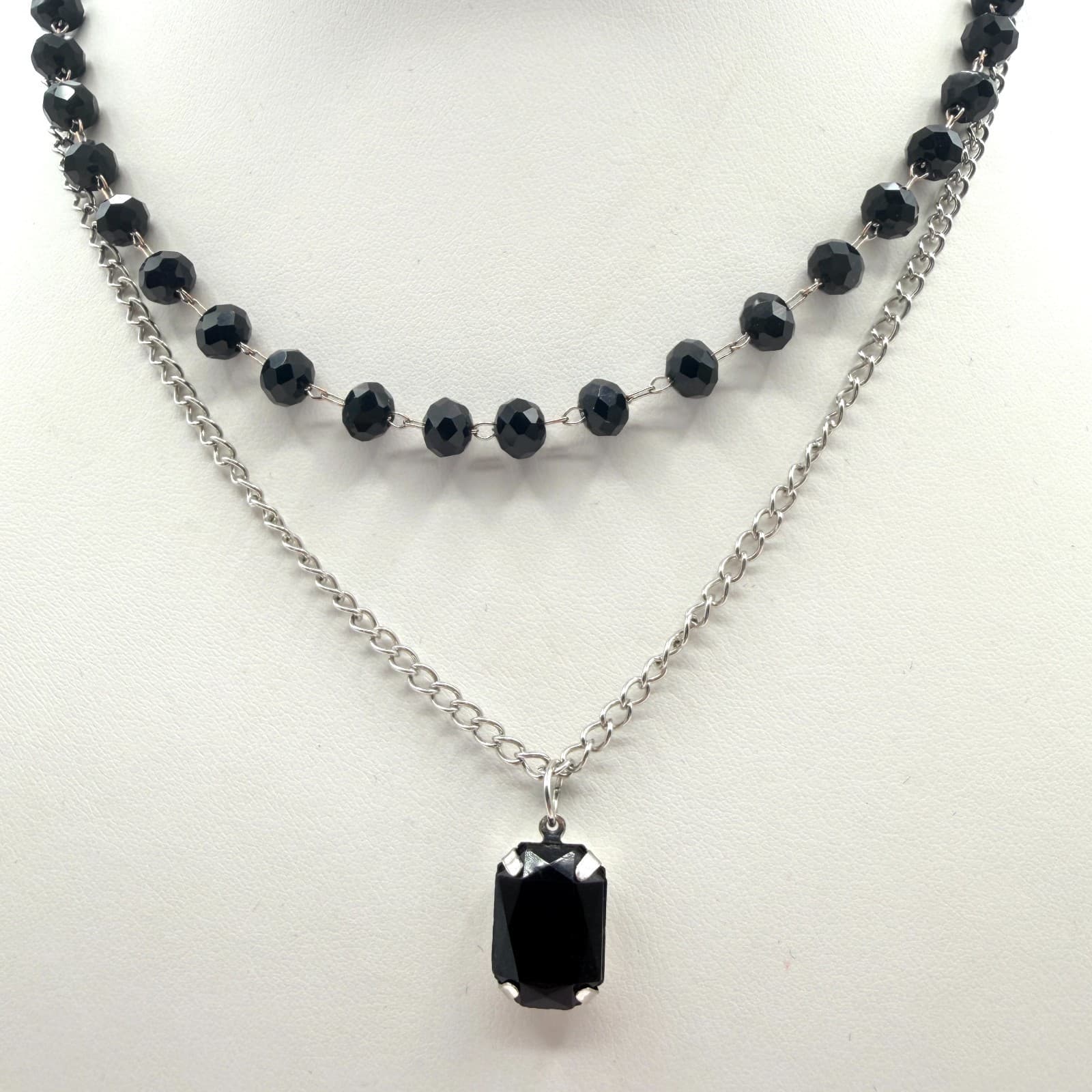 Vintage Silver Tone Black Beaded Layered Necklace Pendant Faceted Rhinestone 90s