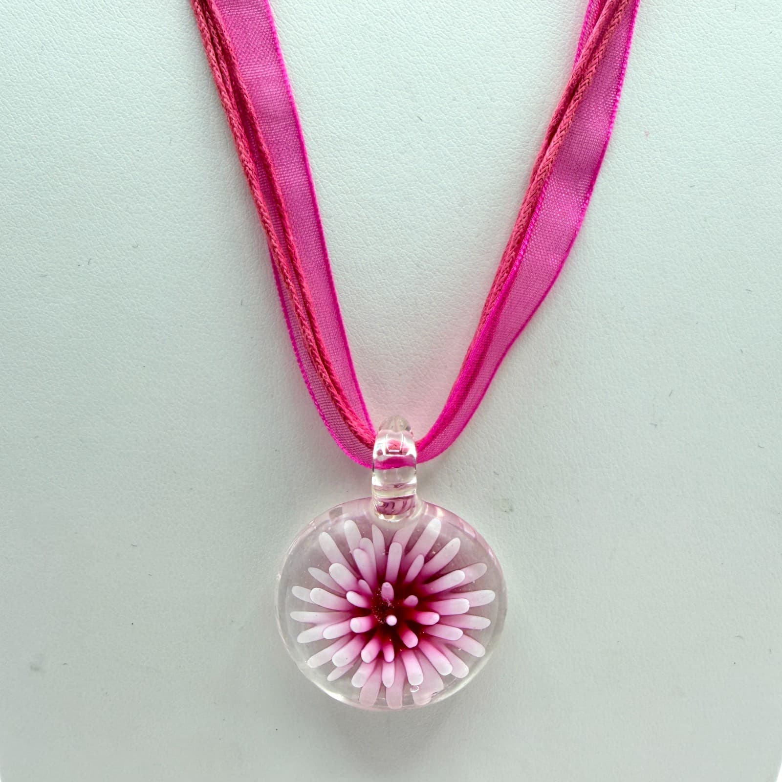 Vintage Pink Art Glass Flower Pendant Necklace Murano Style Ribbon Cord Y2K Boho