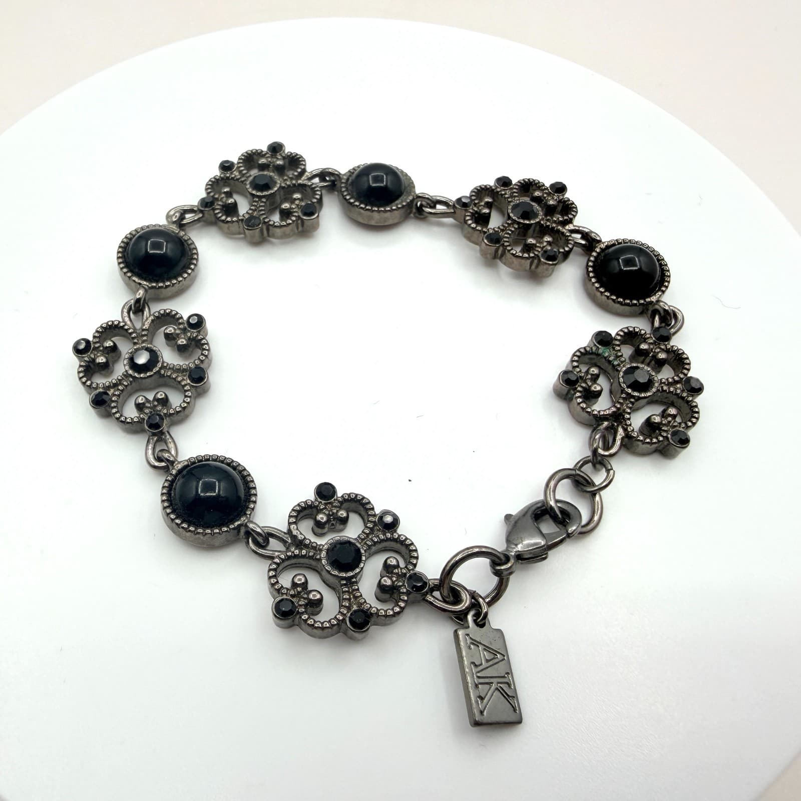 Anne Klein Gunmetal Tone Filigree Link Bracelet Black Faux Onyx Rhinestone AK