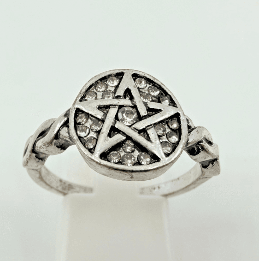 VTG Silver Tone Rhinestone Pentagram Ring Pagan Wiccan Wicca Gothic Statement
