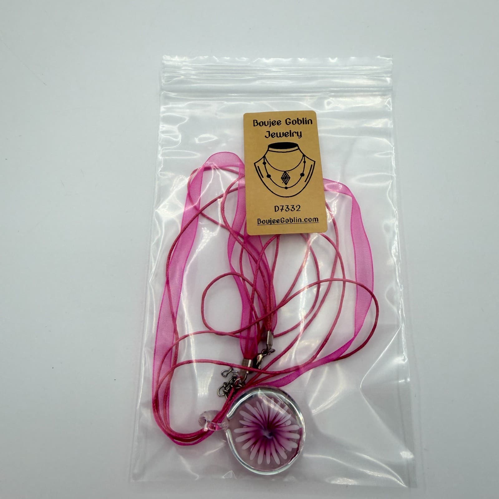 Vintage Pink Art Glass Flower Pendant Necklace Murano Style Ribbon Cord Y2K Boho - Thumbnail 8