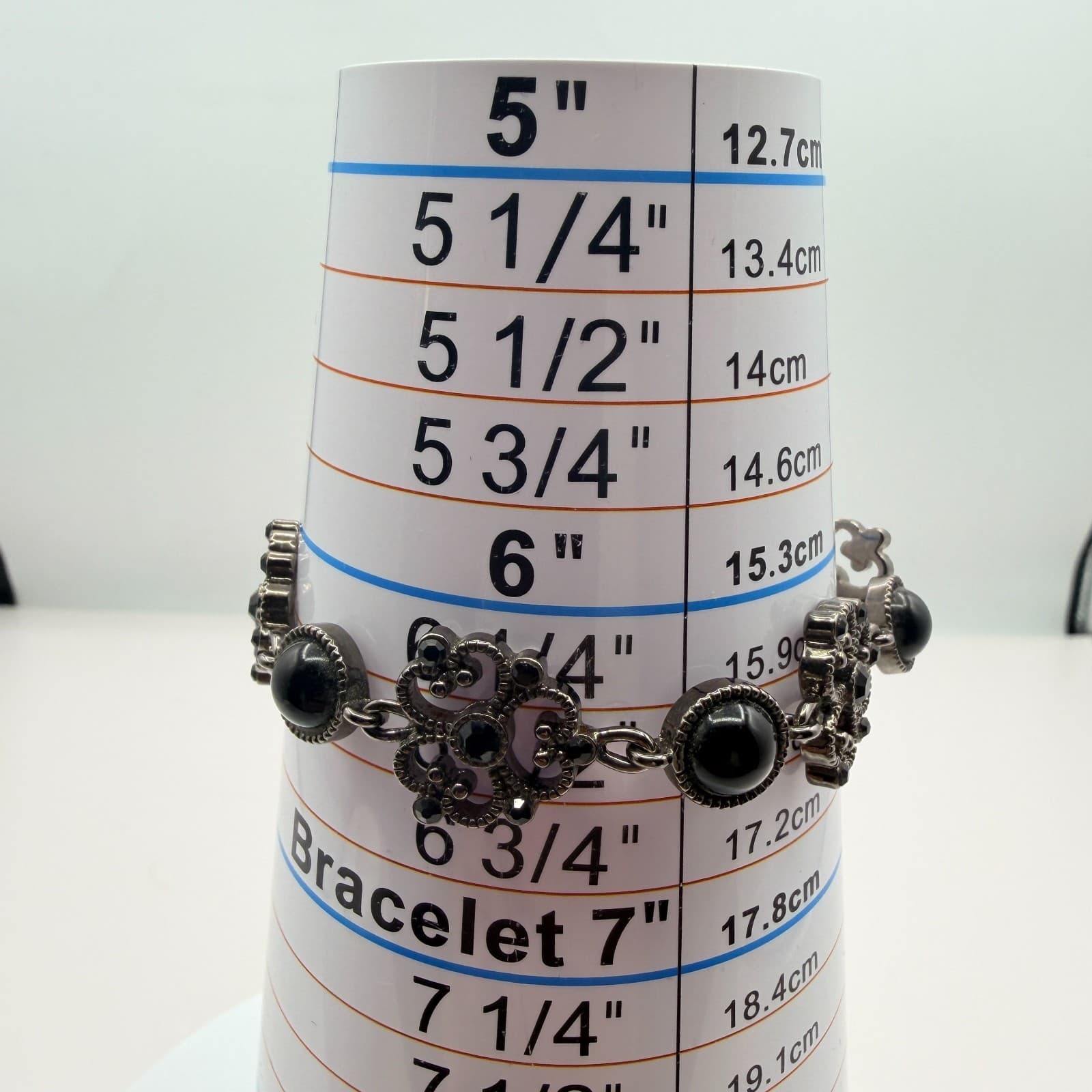 Anne Klein Gunmetal Tone Filigree Link Bracelet Black Faux Onyx Rhinestone AK - Thumbnail 9