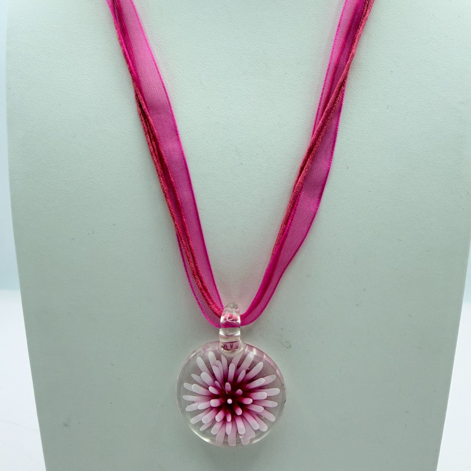Vintage Pink Art Glass Flower Pendant Necklace Murano Style Ribbon Cord Y2K Boho - Thumbnail 2