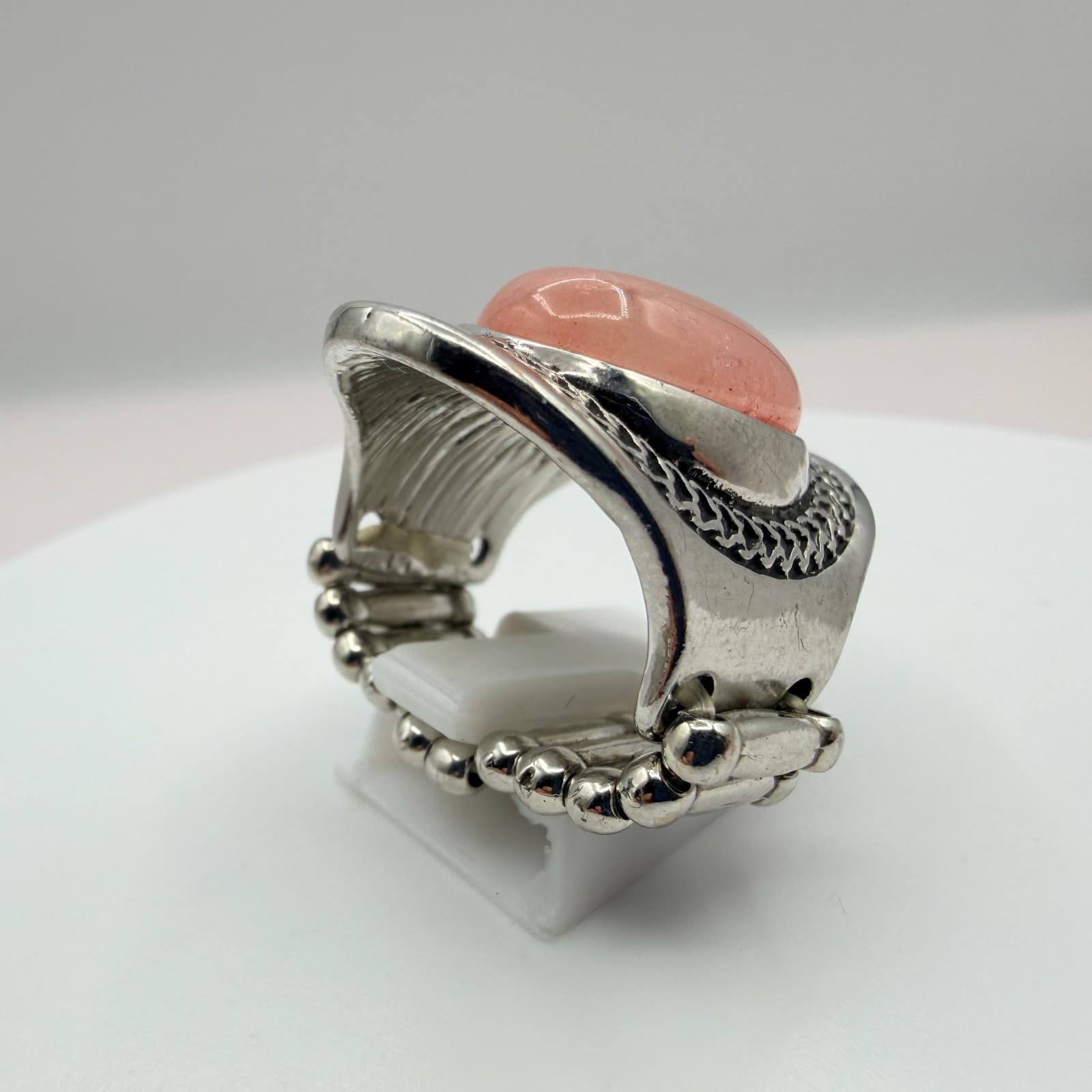 Vintage Silver Tone Pink Faux Stone Ring Statement Oval Cabochon Stretch Band - Thumbnail 5