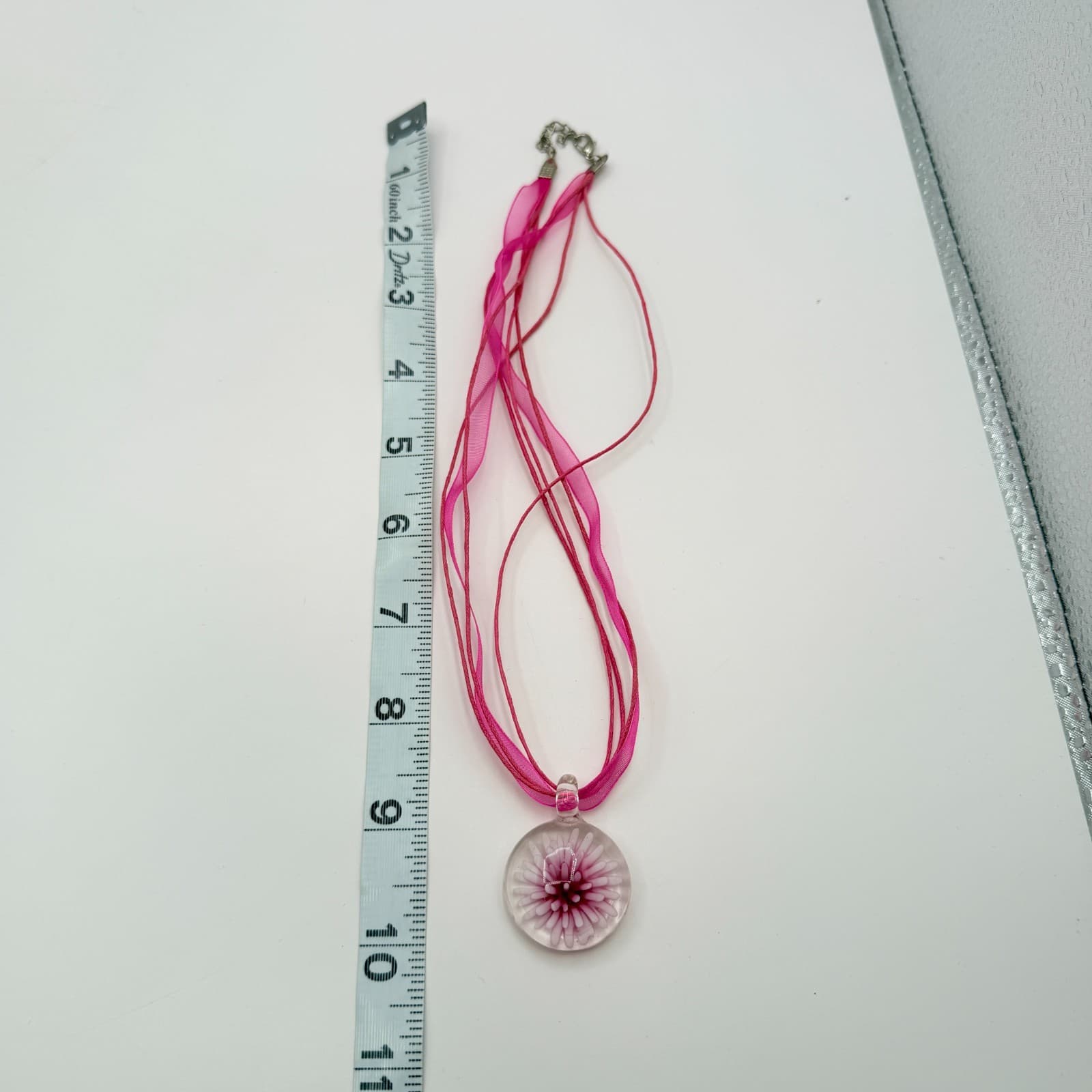 Vintage Pink Art Glass Flower Pendant Necklace Murano Style Ribbon Cord Y2K Boho - Thumbnail 7