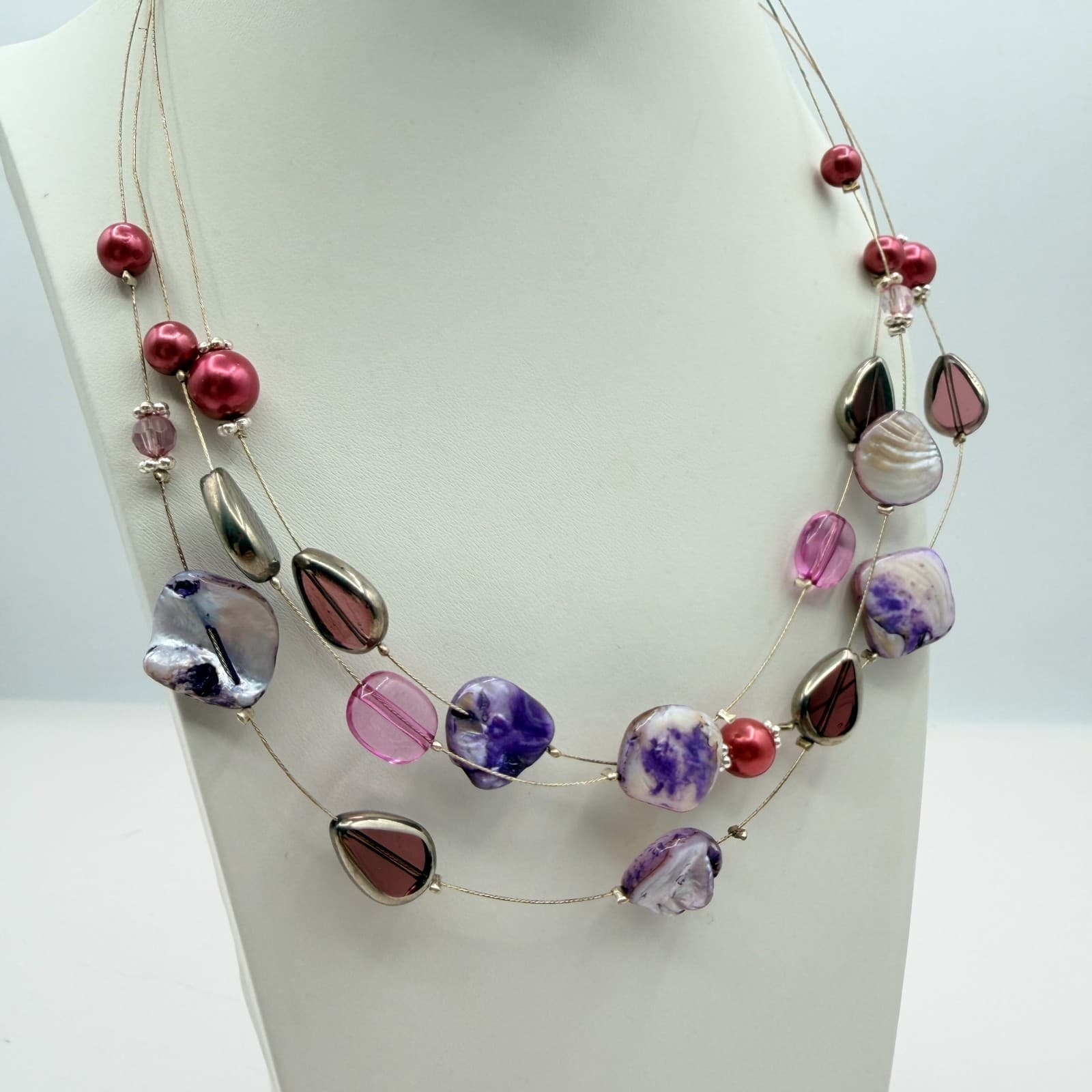 Vintage Purple Mother Of Pearl Shell Illusion Necklace Multi Strand Statement - Thumbnail 6
