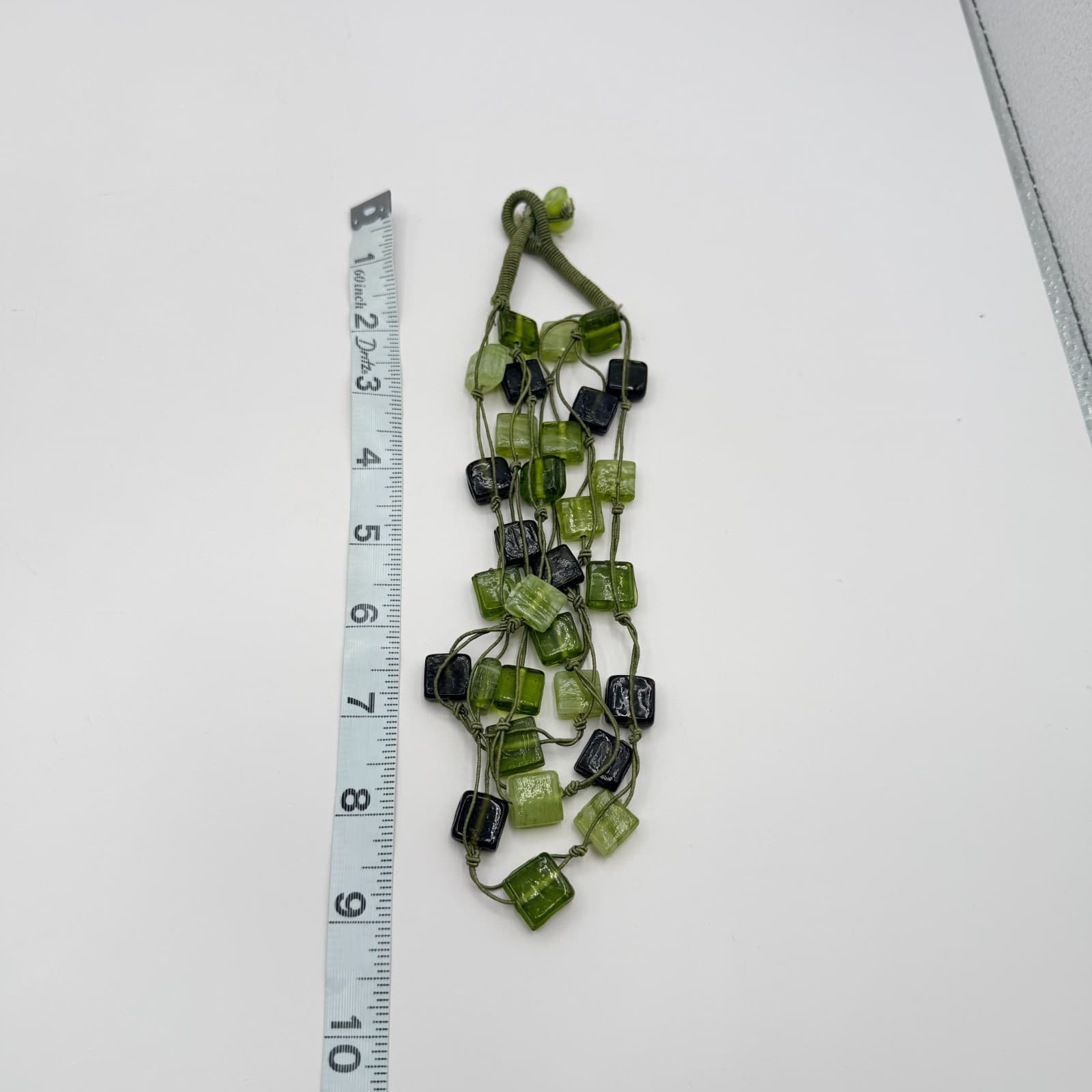 Vintage Green Glass Statement Necklace Multi Strand Knotted Cord Square Bead Y2K - Thumbnail 10