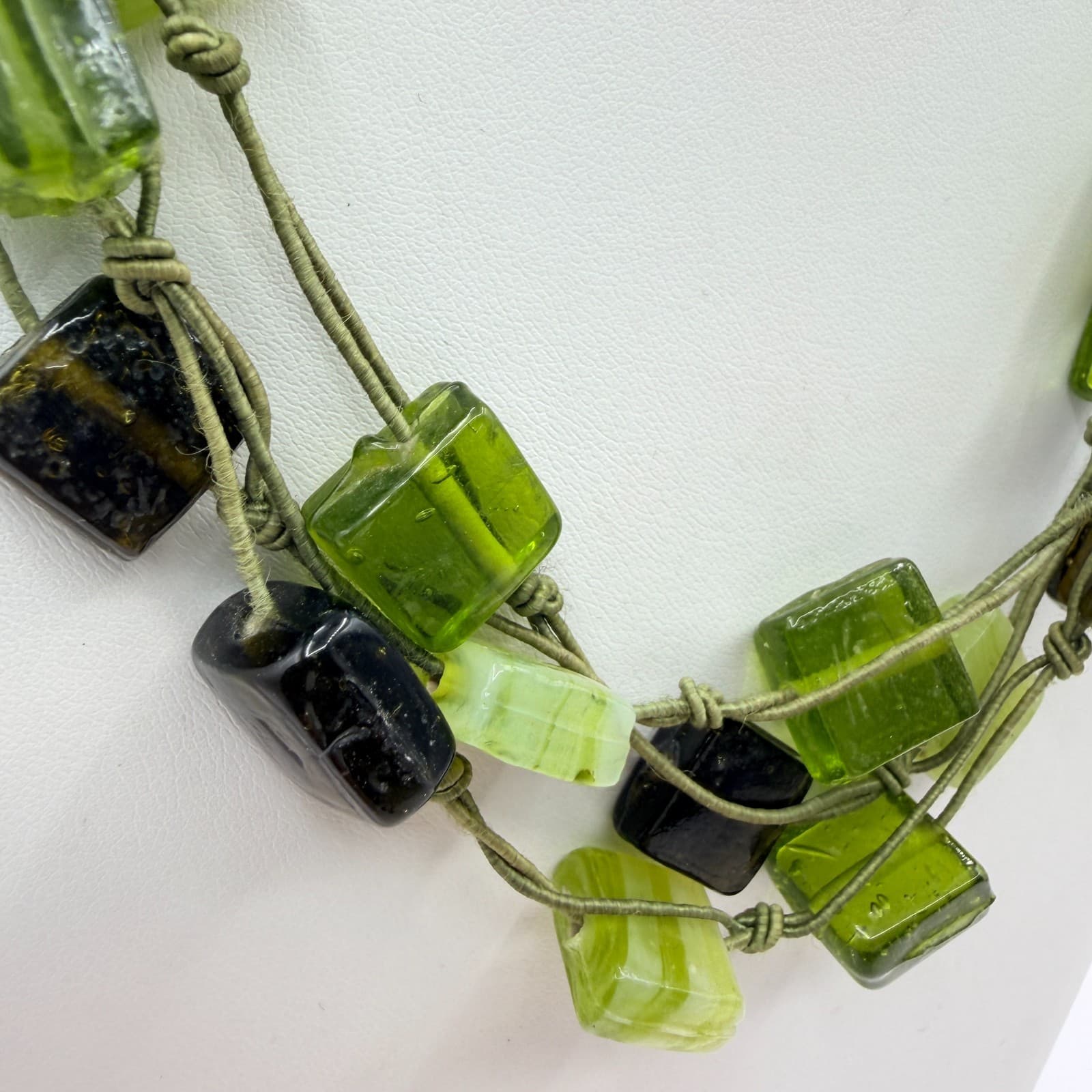Vintage Green Glass Statement Necklace Multi Strand Knotted Cord Square Bead Y2K - Thumbnail 3