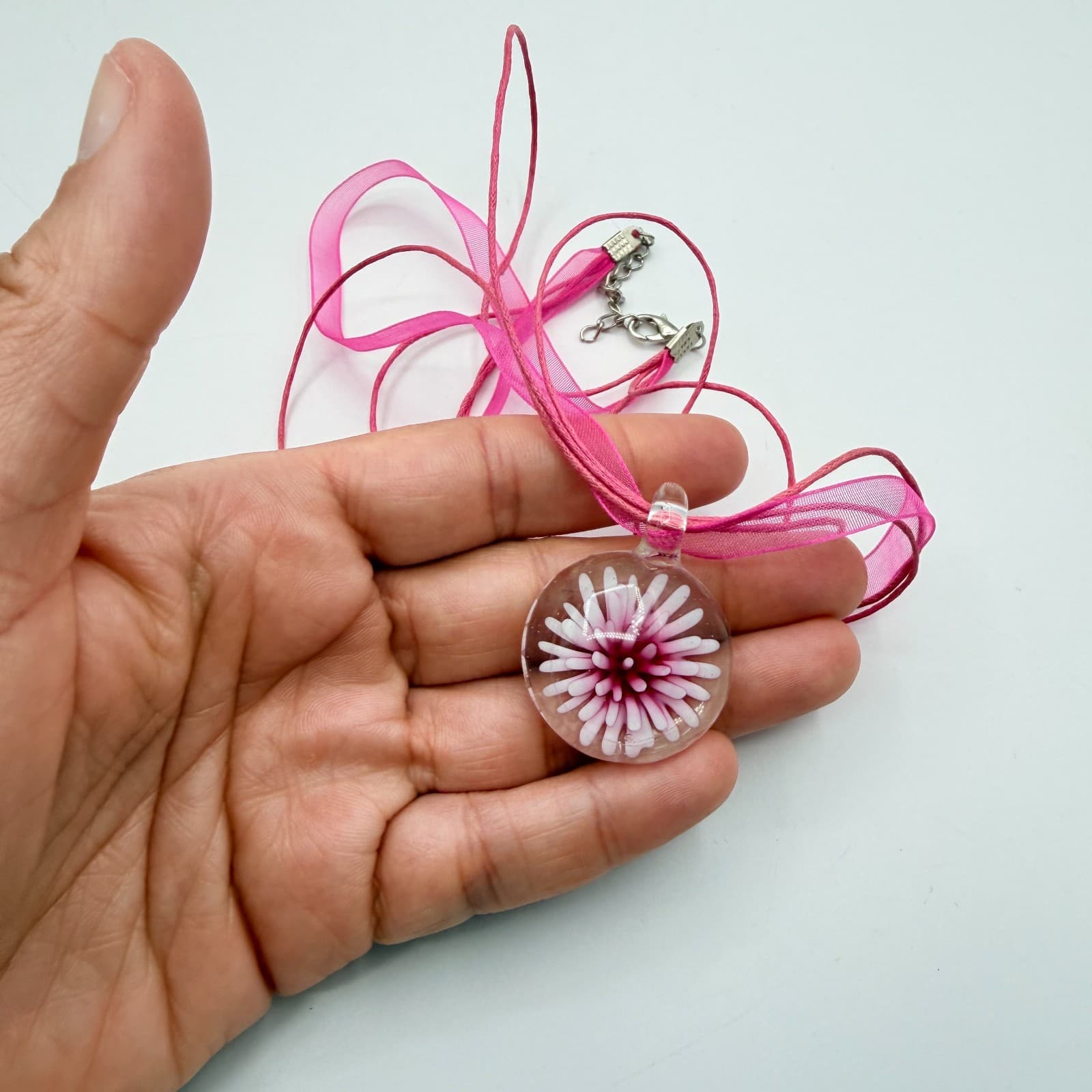 Vintage Pink Art Glass Flower Pendant Necklace Murano Style Ribbon Cord Y2K Boho - Thumbnail 6