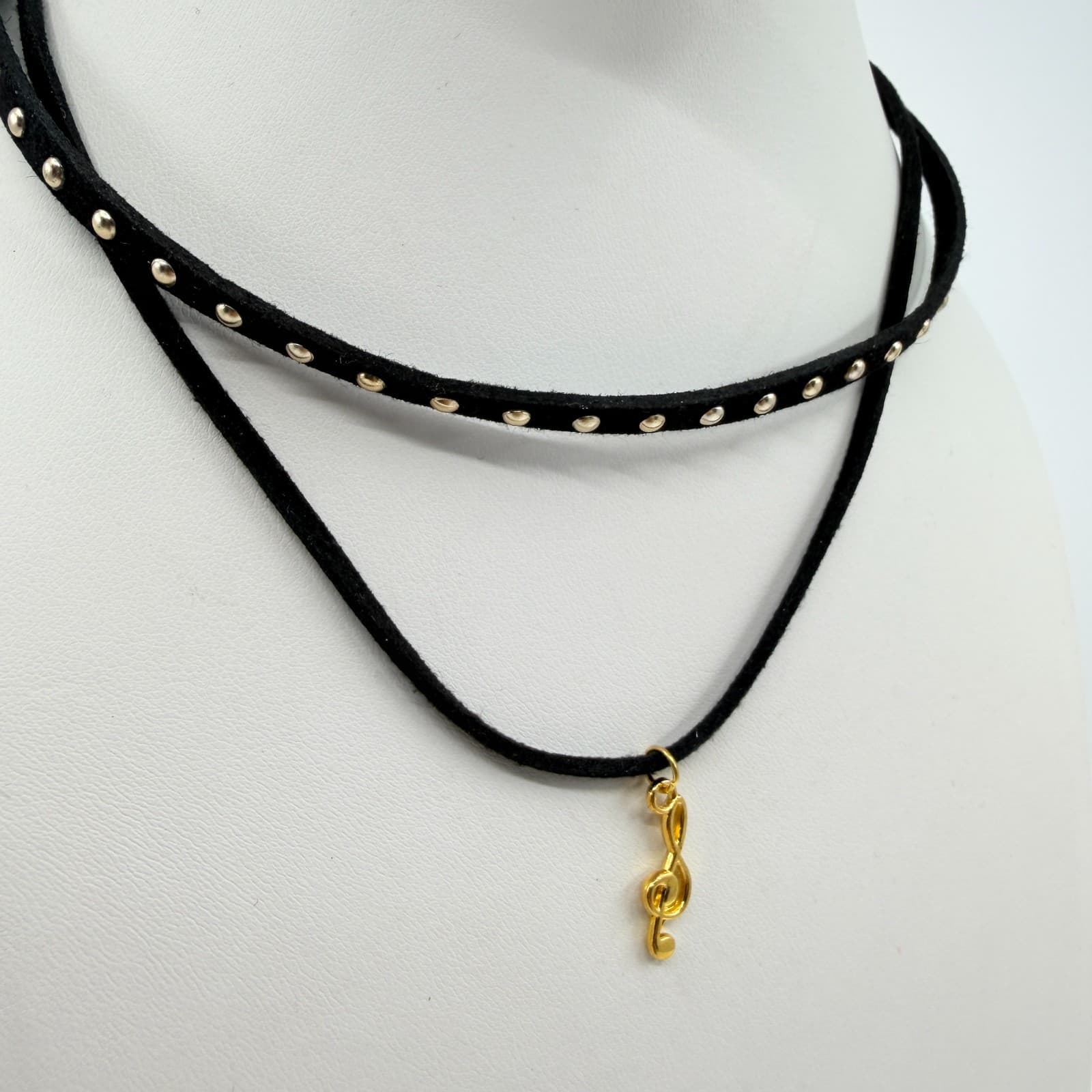 Vintage Black Choker Necklace Layered Double Strand Suede Studded Treble Clef - Thumbnail 3