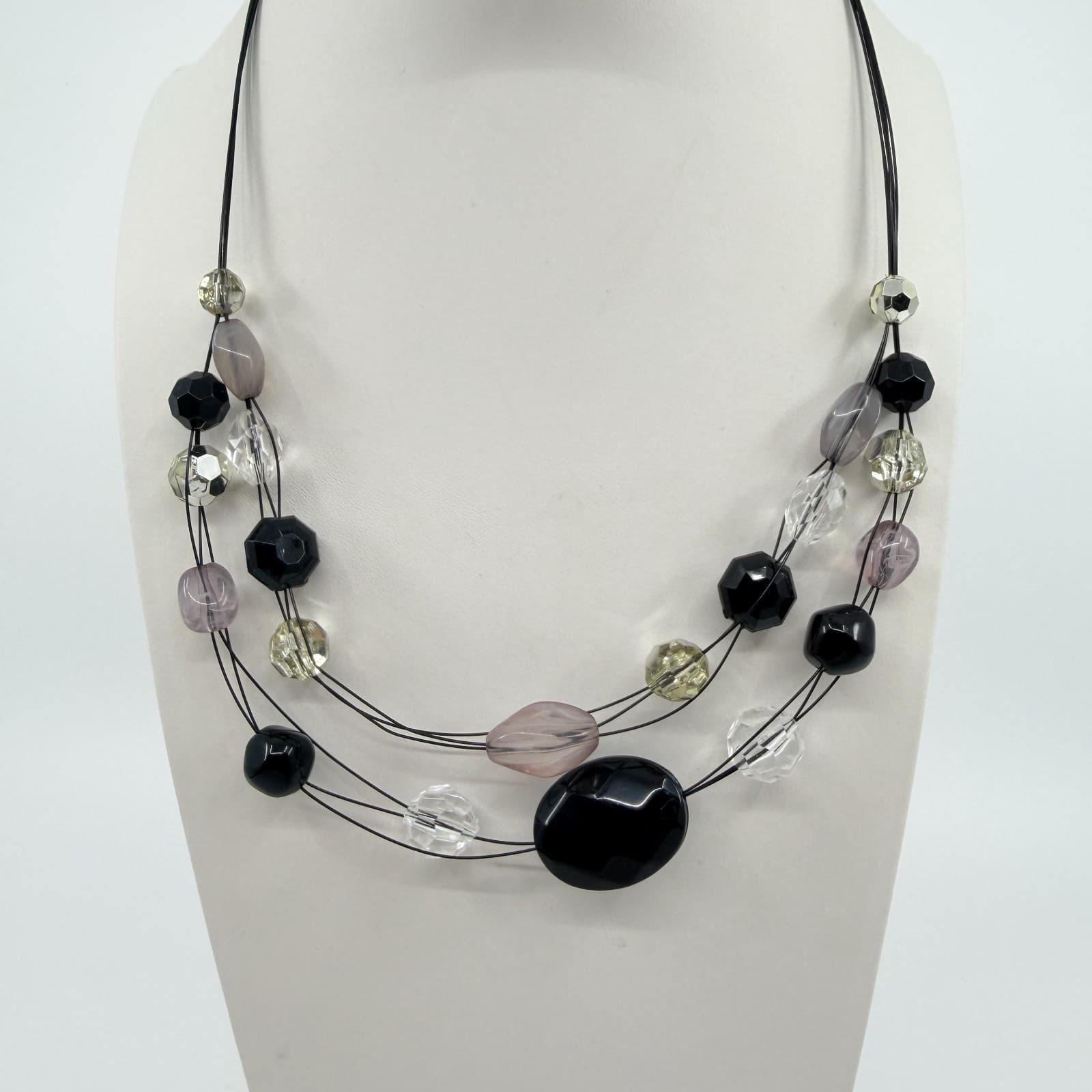 VTG Multi Strand Illusion Necklace Black Gray Clear Acrylic Bead Statement Y2K - Thumbnail 2