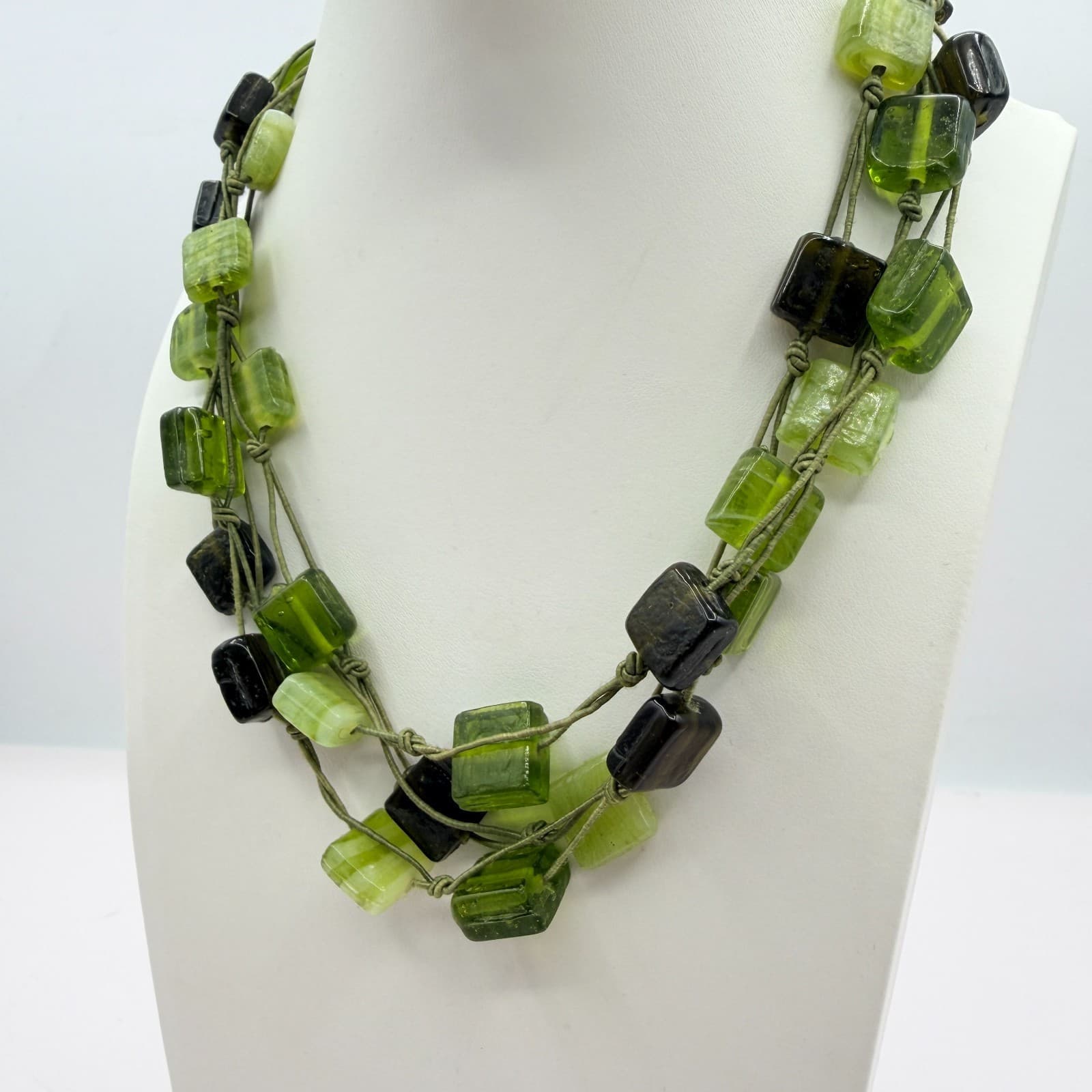 Vintage Green Glass Statement Necklace Multi Strand Knotted Cord Square Bead Y2K - Thumbnail 6