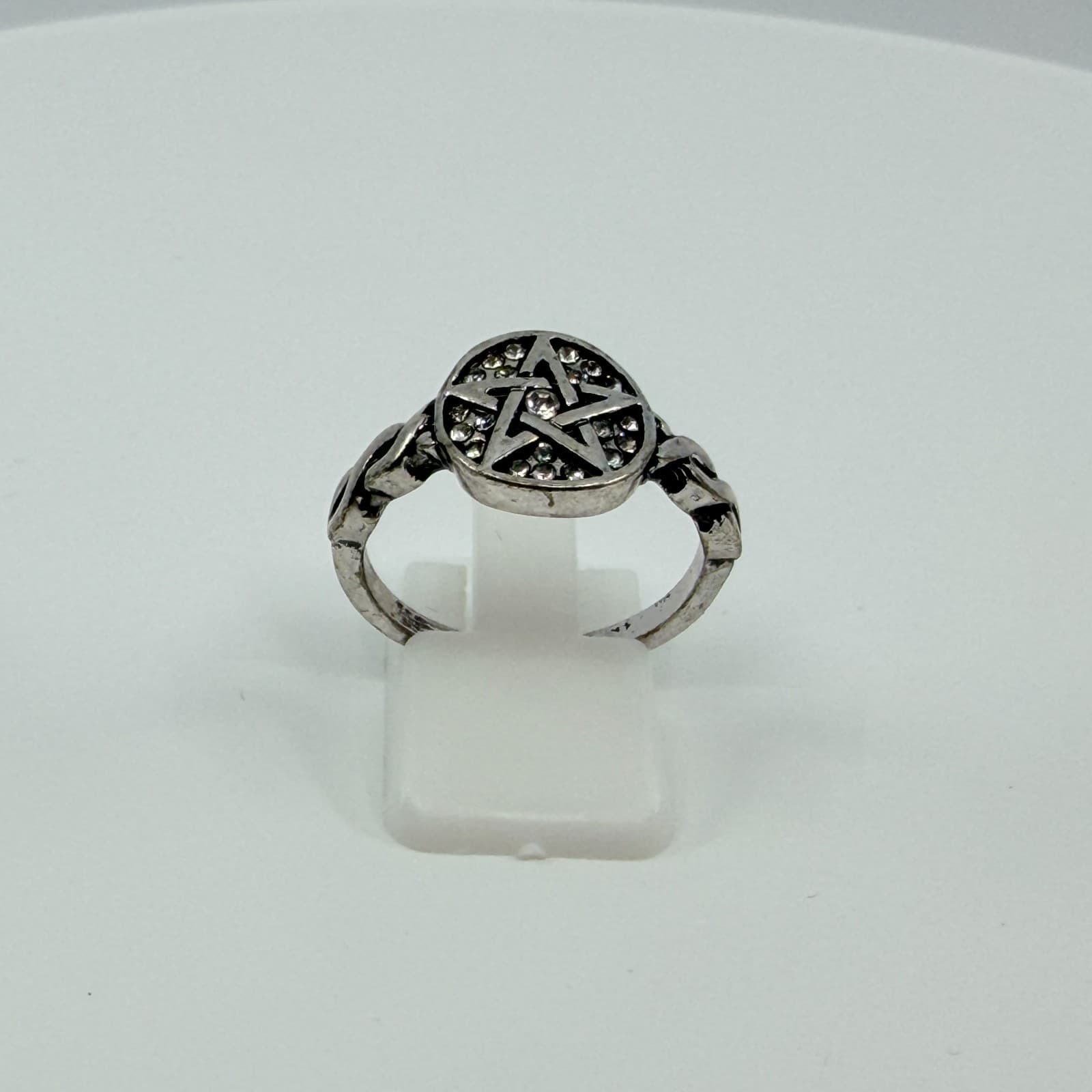 VTG Silver Tone Rhinestone Pentagram Ring Pagan Wiccan Wicca Gothic Statement - Thumbnail 7